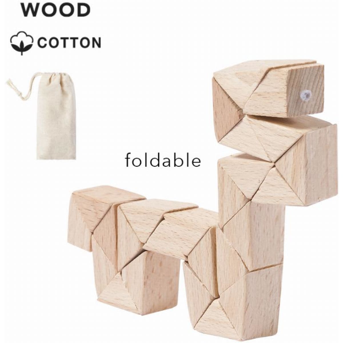 A set of wooden foldable blocks in light wood colour, arranged to form a snake-like shape, with a cotton storage bag.