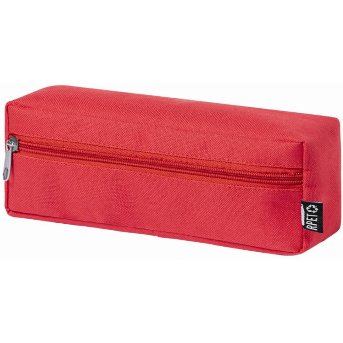 A red pencil case with a zip closure and a logo on the side.