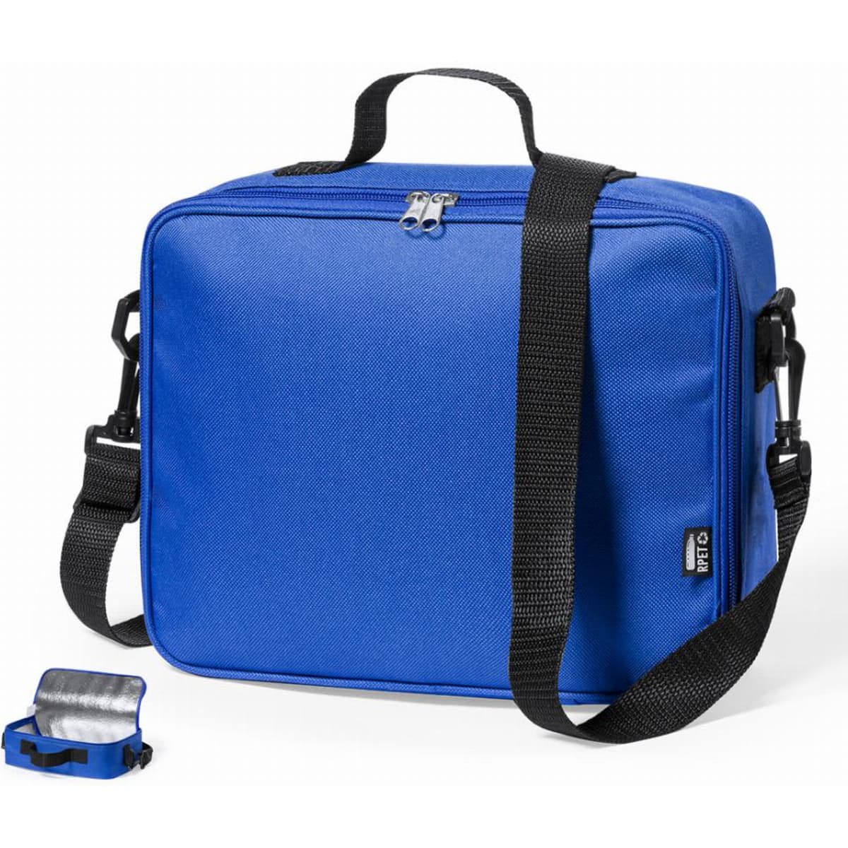 A blue insulated lunch bag with a double zipper, carry handle, and detachable strap, alongside a small food container.