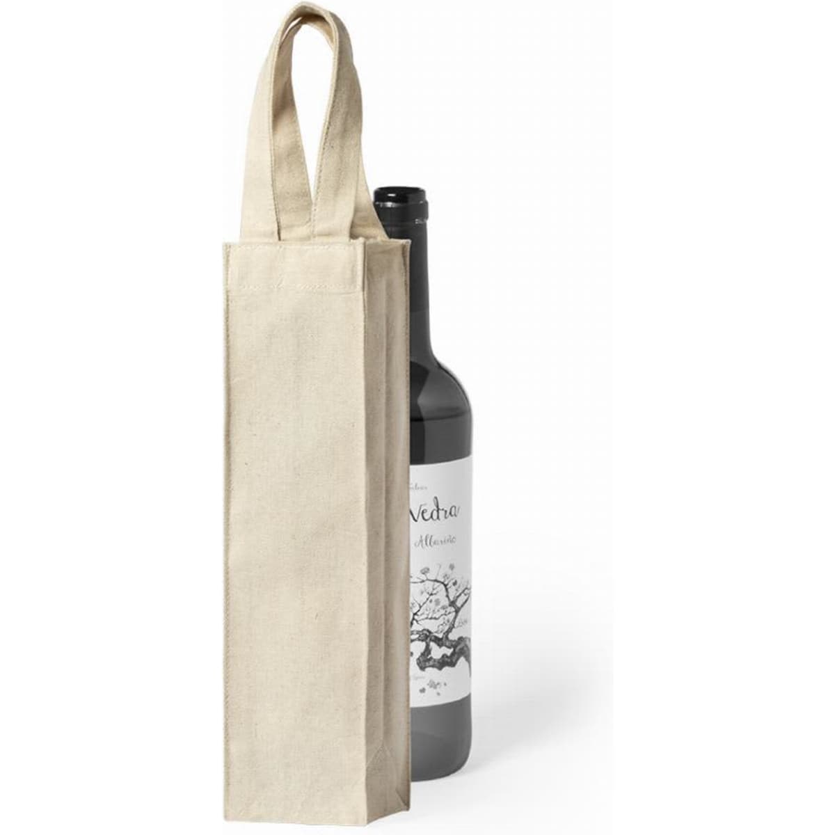 A drink bottle in a natural linen bag with dual handles, featuring a minimalist design and a branded label.