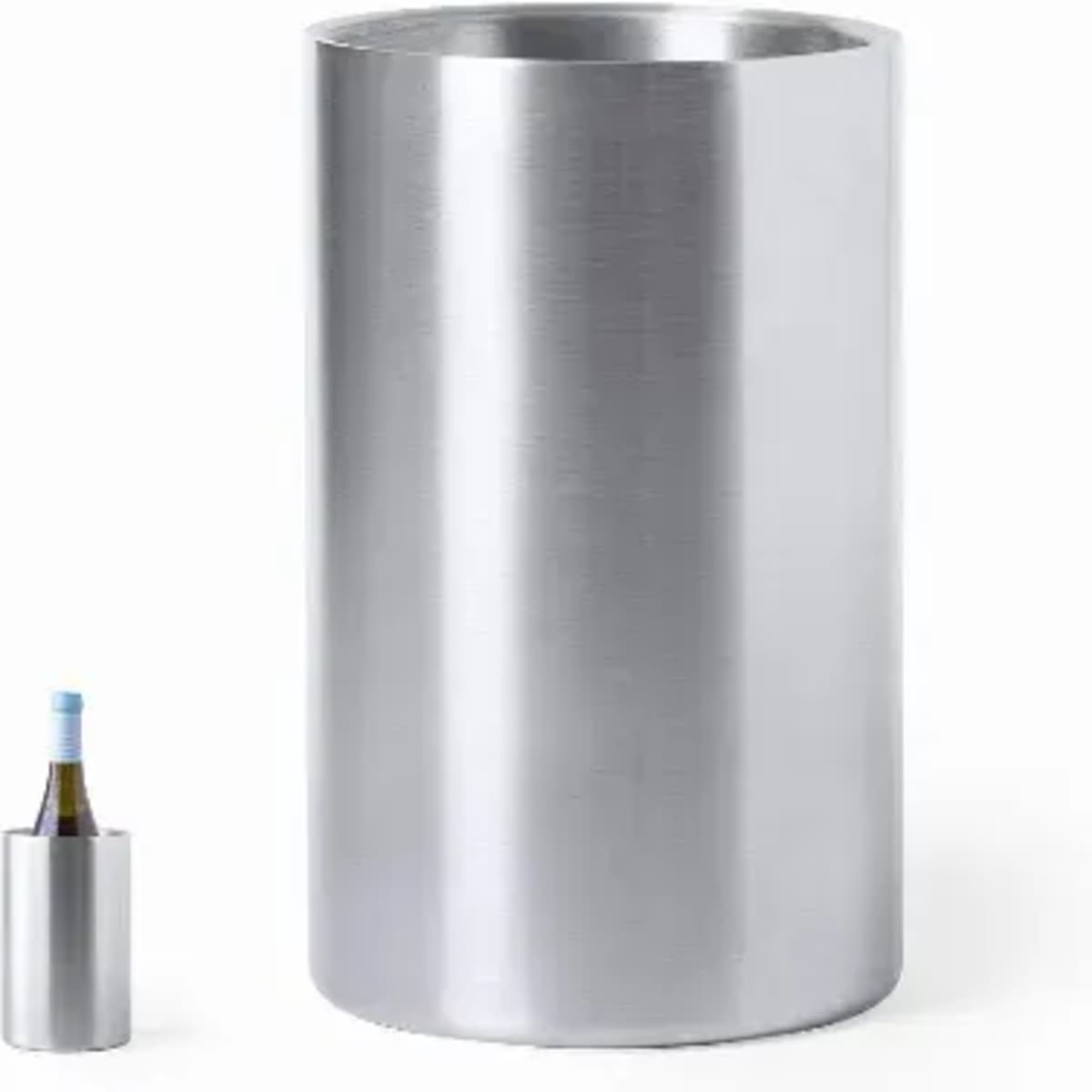 A metallic drink bottle cooler with a sleek, brushed finish, accompanied by a smaller bottle inside.