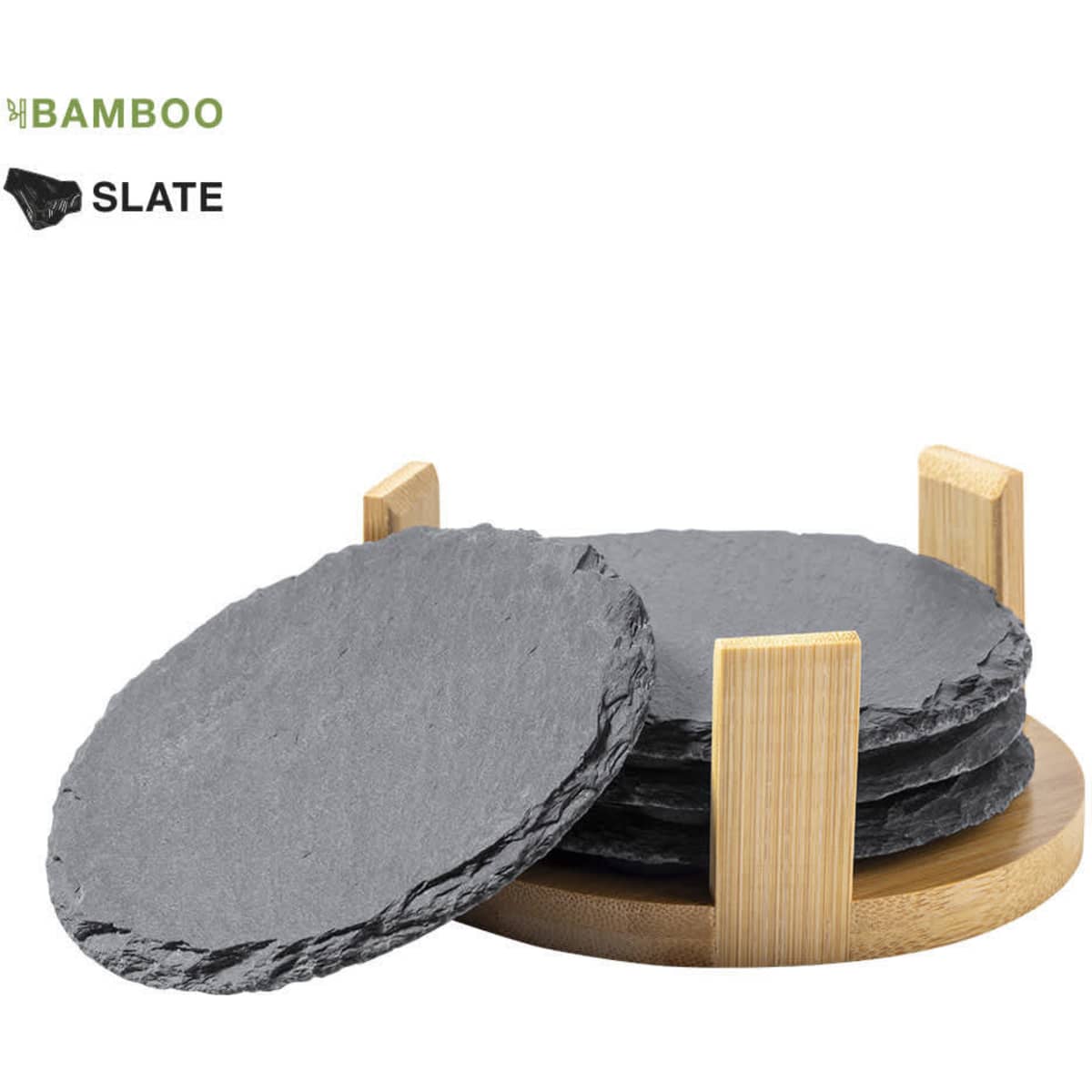 A set of grey slate coasters displayed on a bamboo holder. The coasters are round with a textured surface.