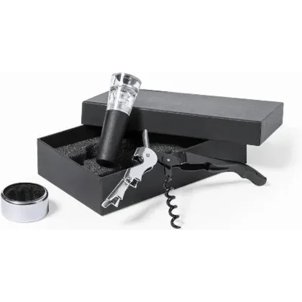 A wine accessory set featuring a corkscrew, pourer, and foil cutter in a black gift box with foam padding.
