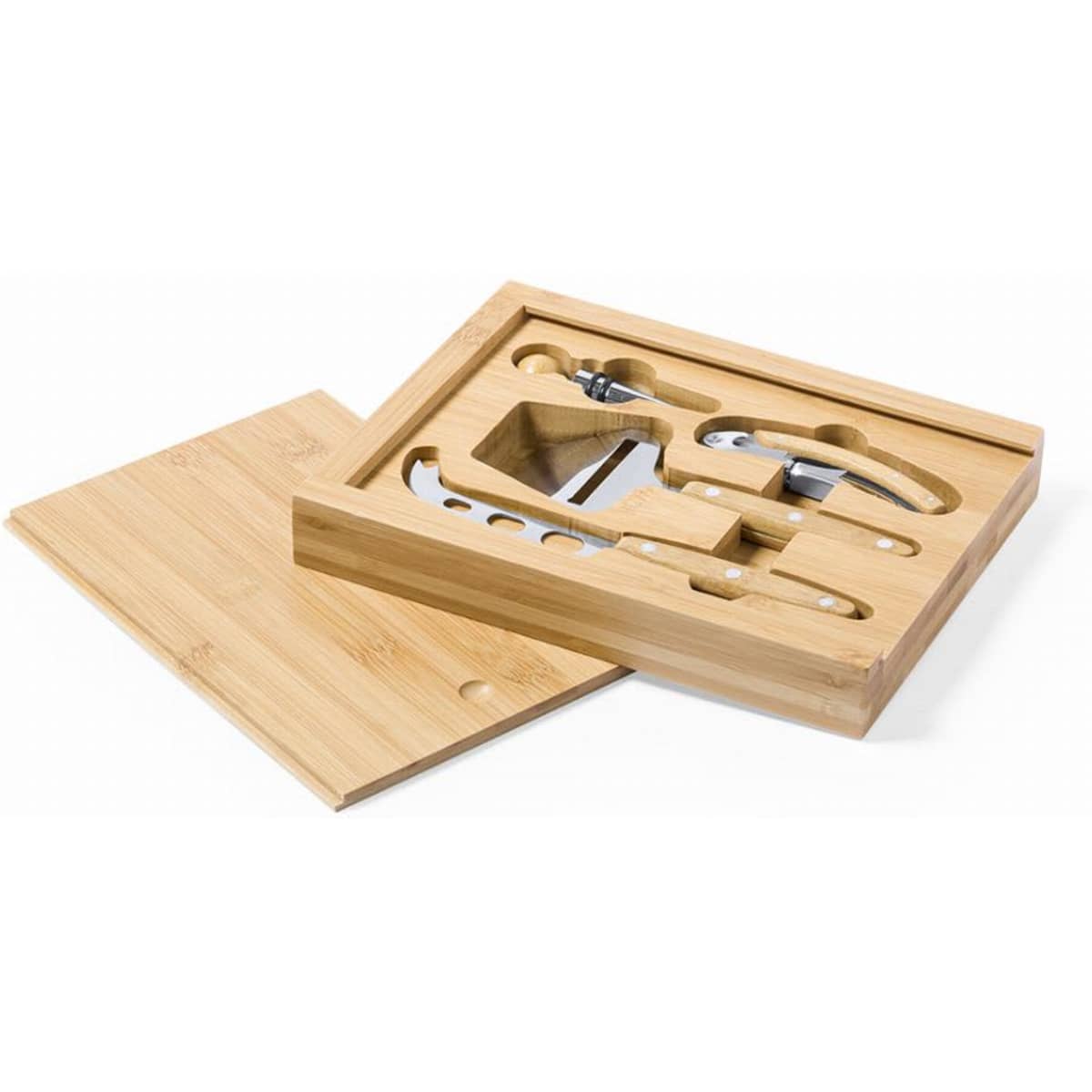 A bamboo serving tray containing various stainless steel utensils and tools, all neatly organised within the tray.