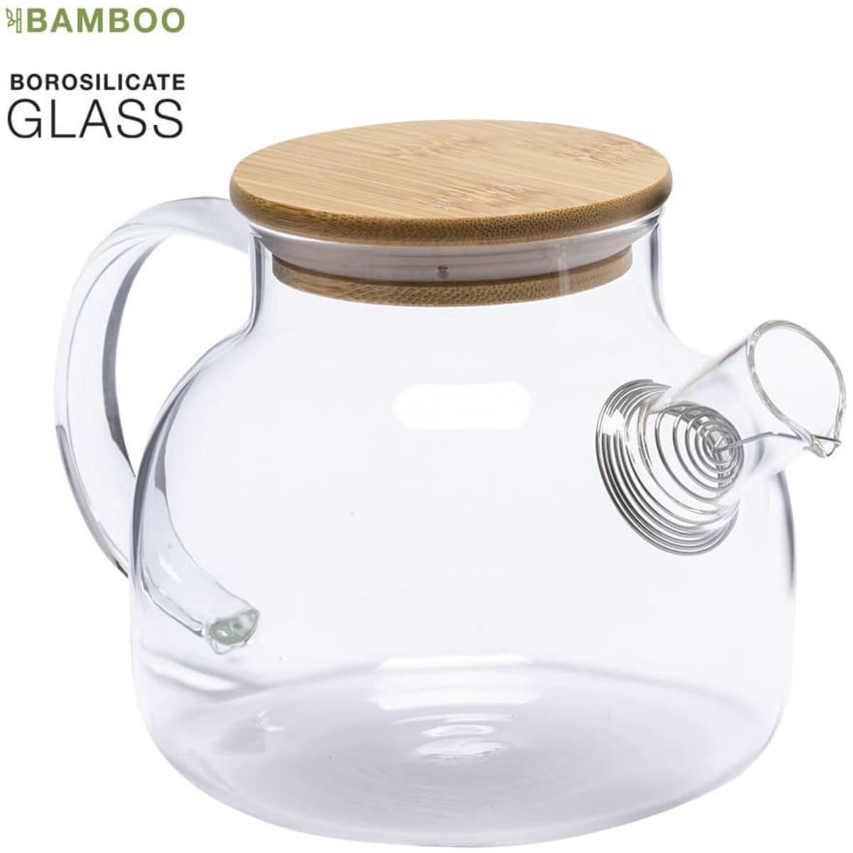 A glass tea pot with a bamboo lid and a curved spout. The pot is made of borosilicate glass.