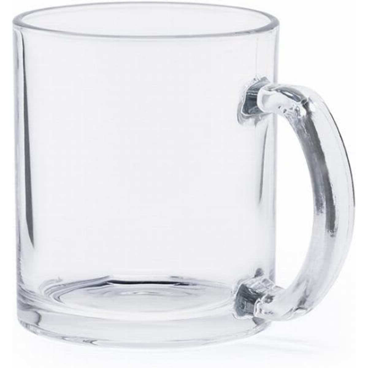 A clear glass mug with a transparent handle, featuring a simple and elegant design.