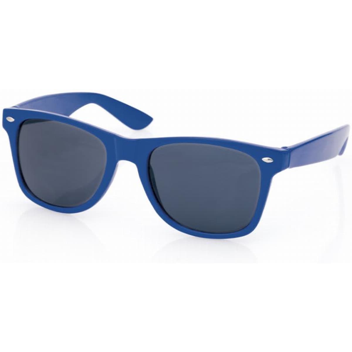 A pair of blue sunglasses with dark lenses and a classic frame style, featuring a logo on the side.