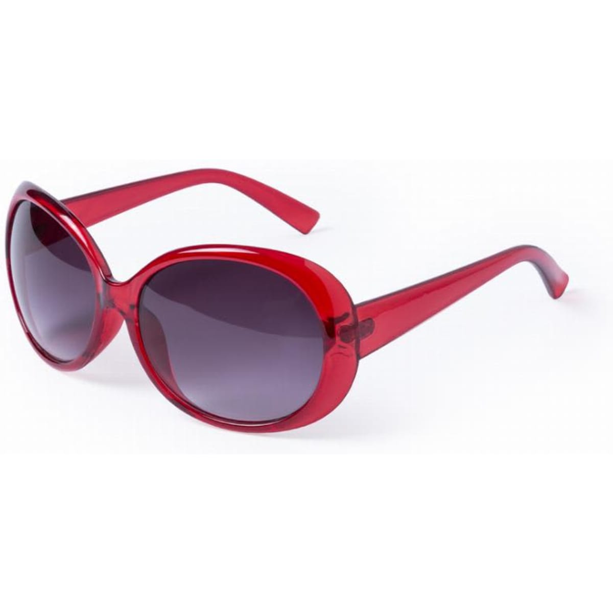 A pair of red sunglasses with a large, rounded frame and dark tinted lenses.