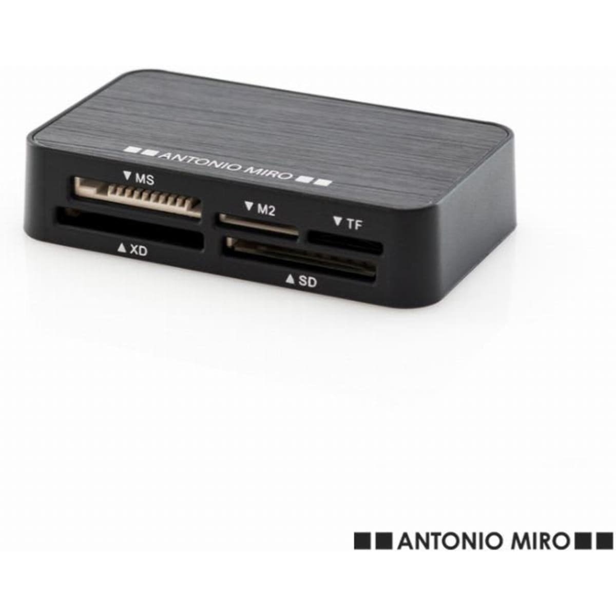 A card reader in black with multiple slots for various memory card types. It features a sleek, minimalistic design.