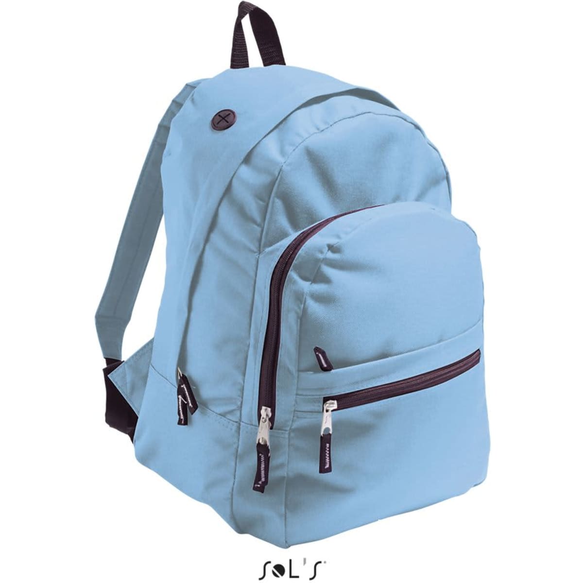 A light blue rucksack with a zippered front pocket and adjustable straps, featuring a logo on the side.