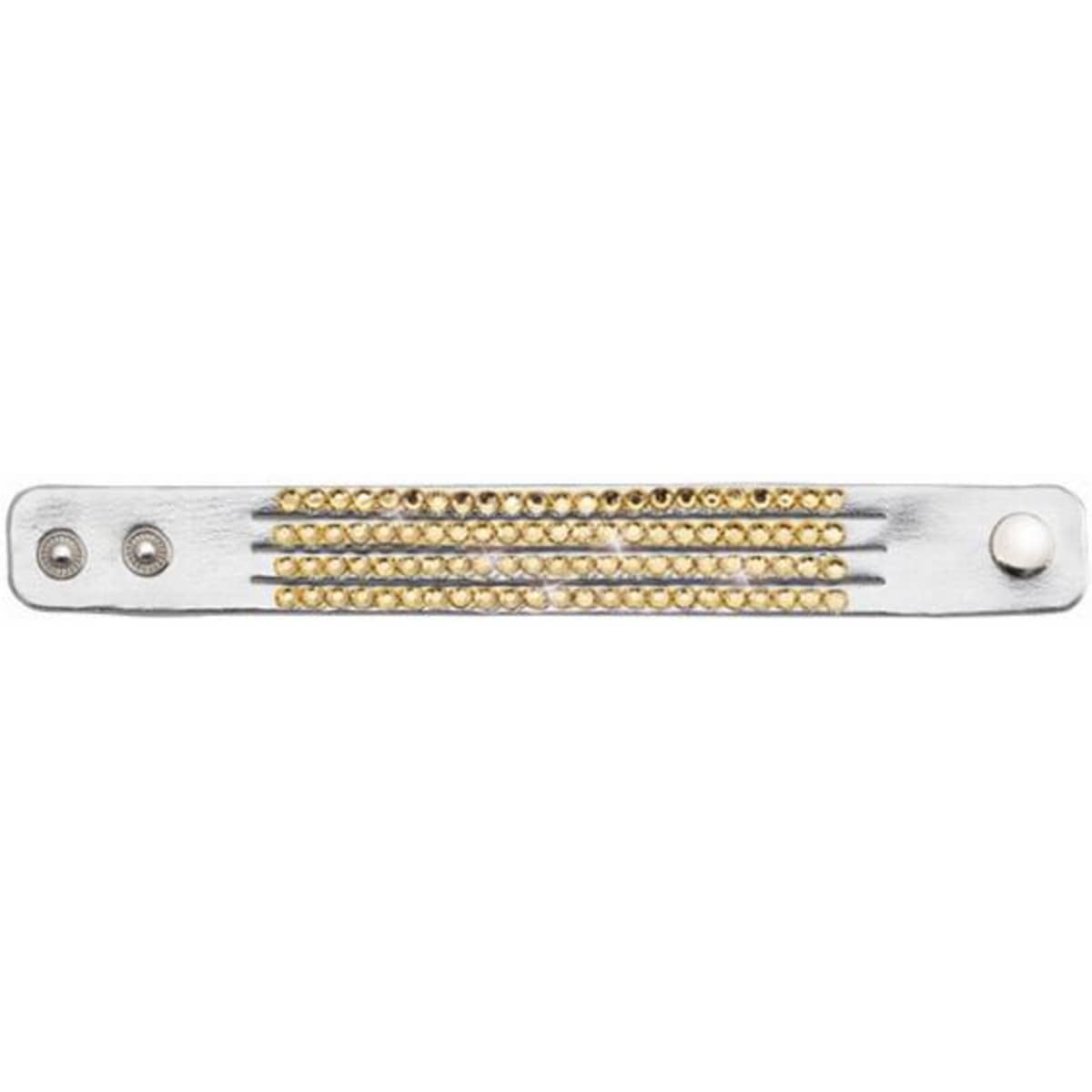 A metallic hair accessory with a sleek design featuring gold studs arranged in three rows.