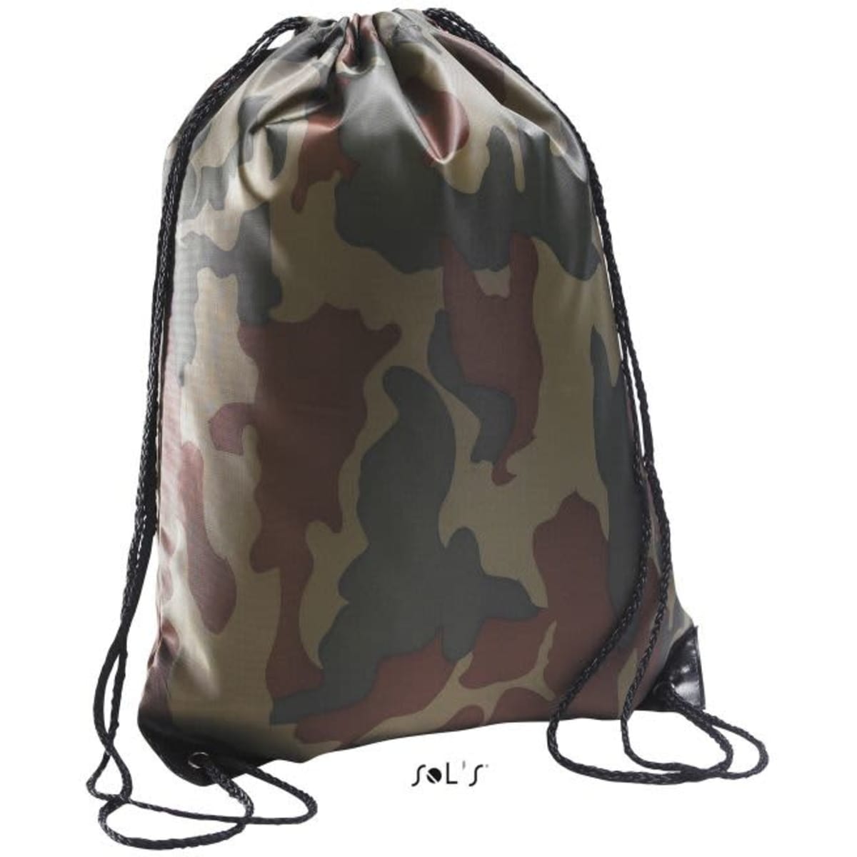 A camouflage drawstring bag Back Sack featuring a mix of greens, browns, and blacks, with a branded logo.