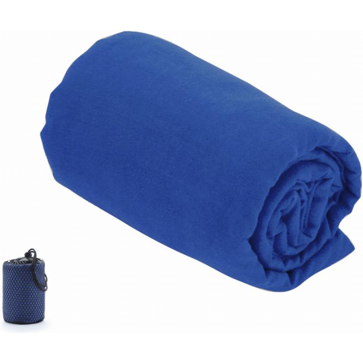 A blue travel blanket neatly rolled up, accompanied by a compact carrying pouch.
