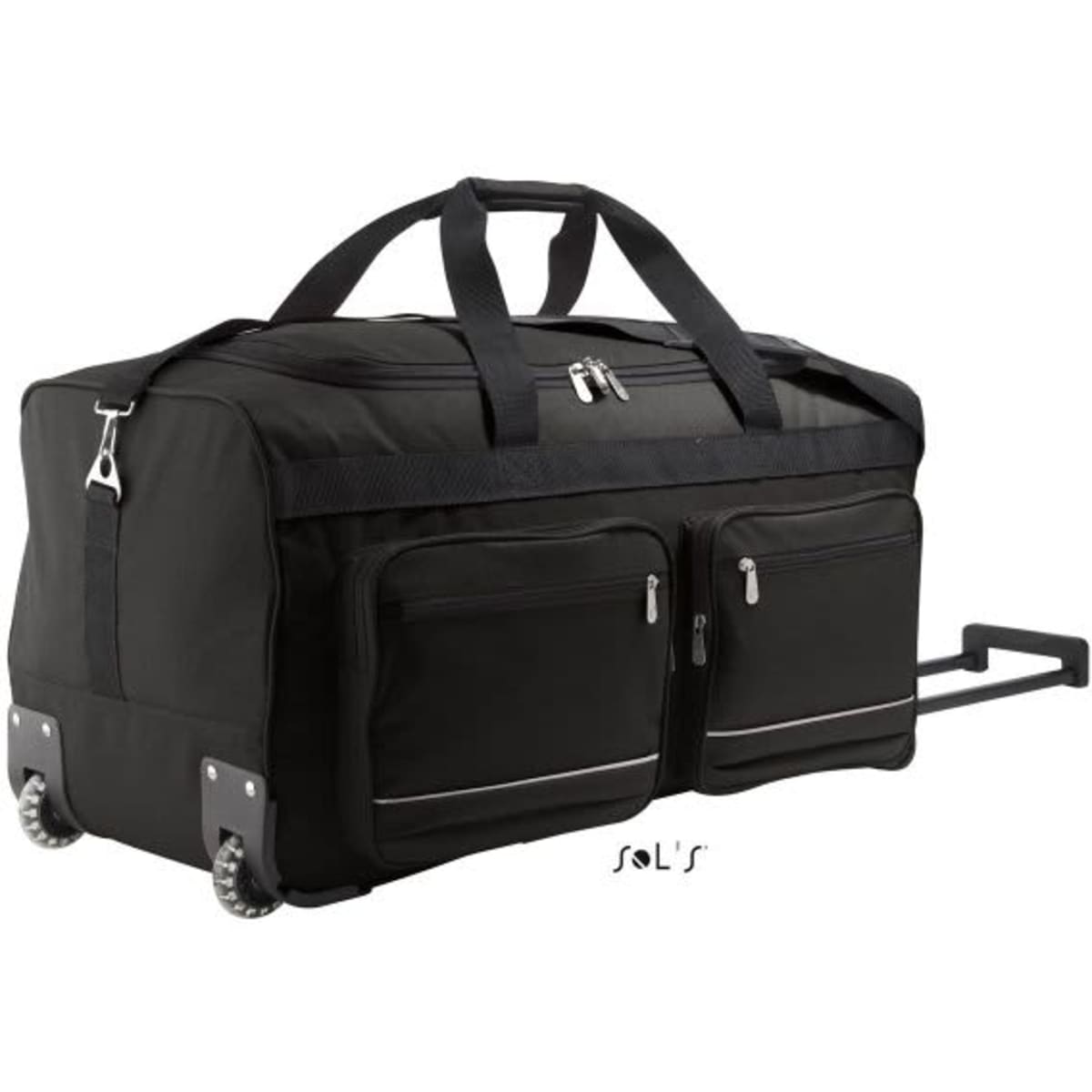 A large black travel bag with casters and a carry handle, featuring two zippered front pockets and a logo.