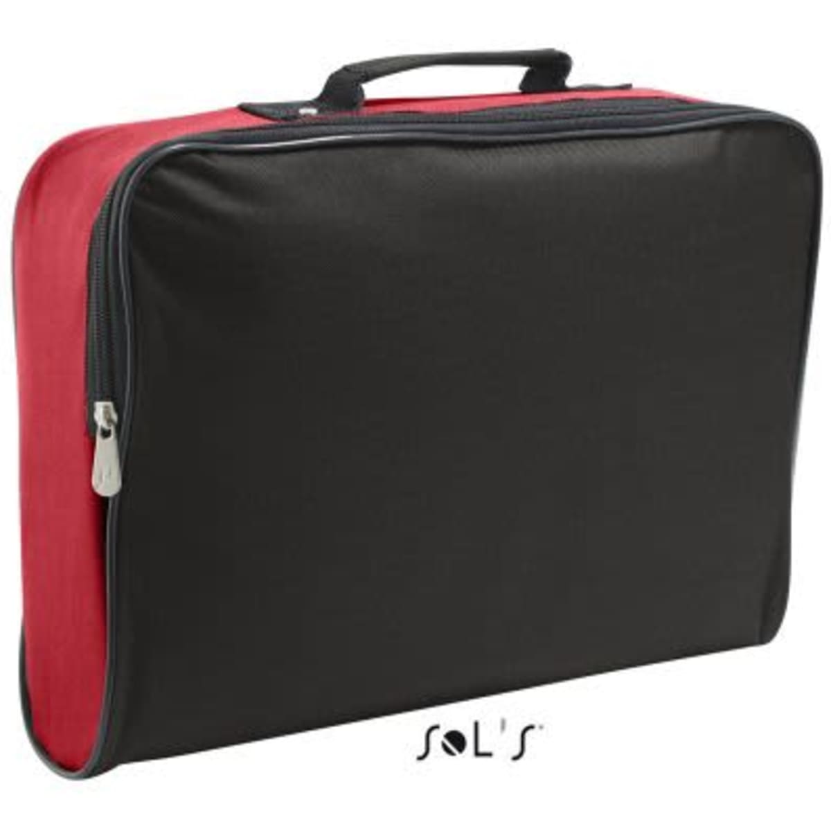 A red and black satchel made from 600D polyester, featuring a zipper and a handle. It includes a logo on the front.