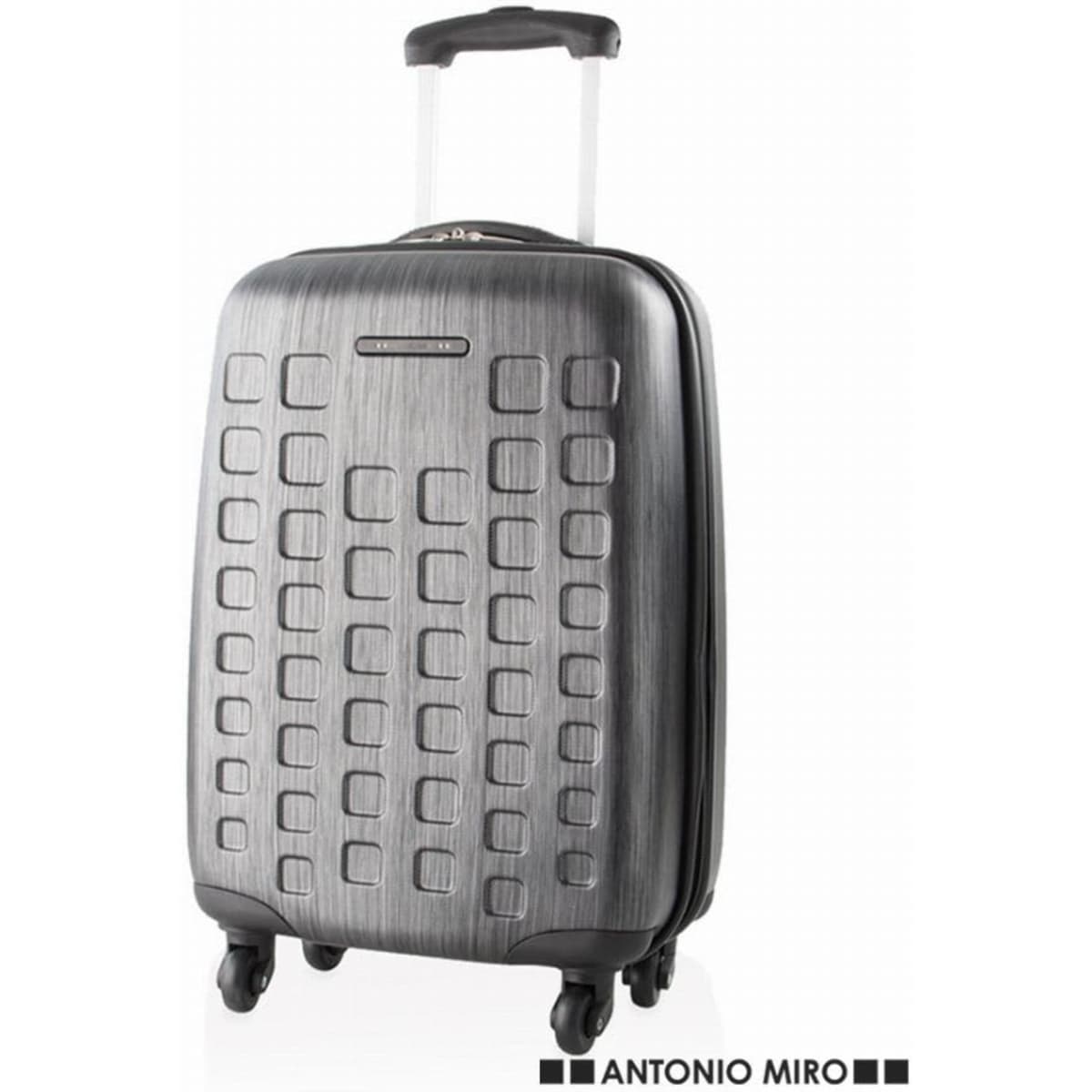 A suitcase with a sleek, metallic grey finish, featuring a textured grid pattern and a retractable handle.