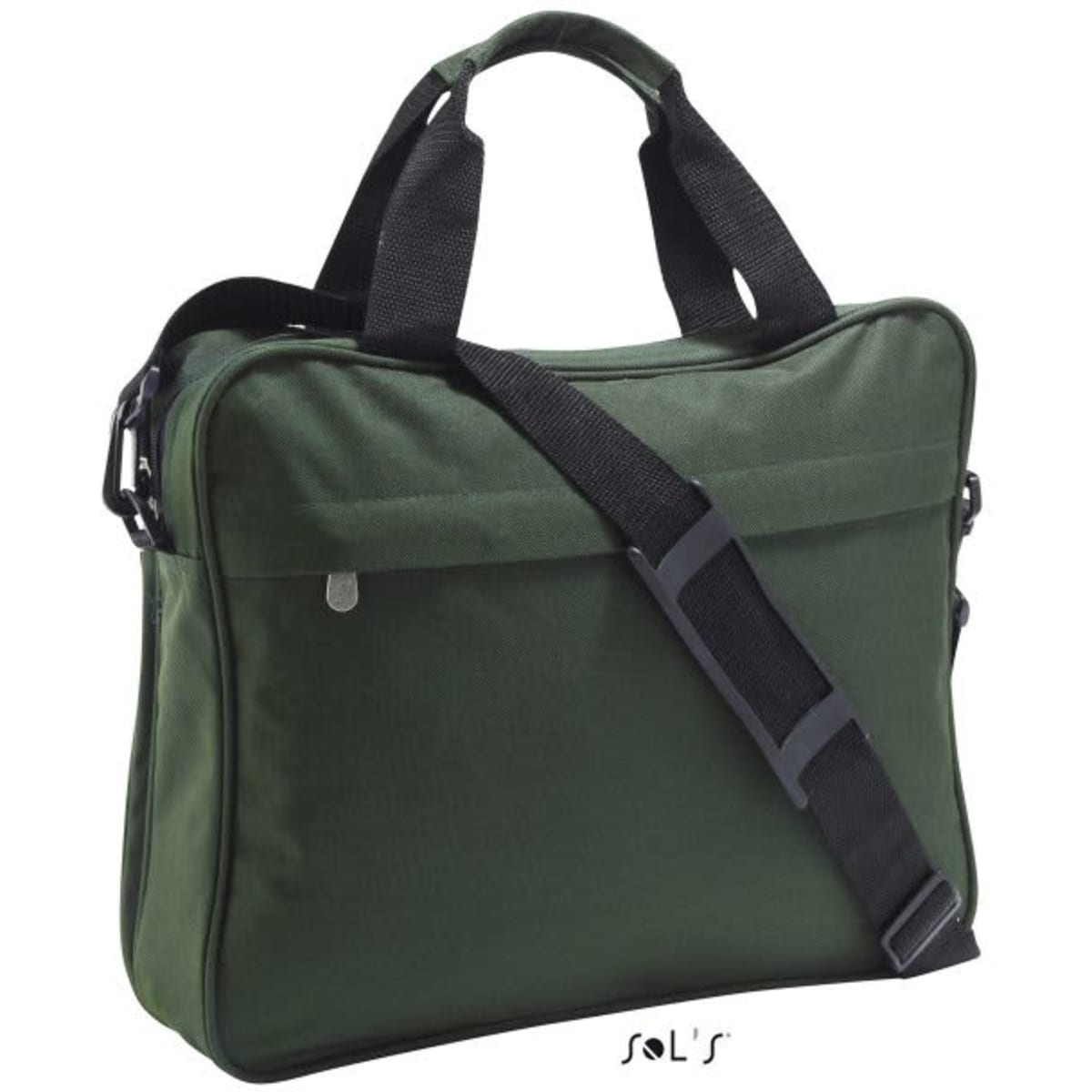A green briefcase made of 600D polyester, featuring dual handles and an adjustable shoulder strap.