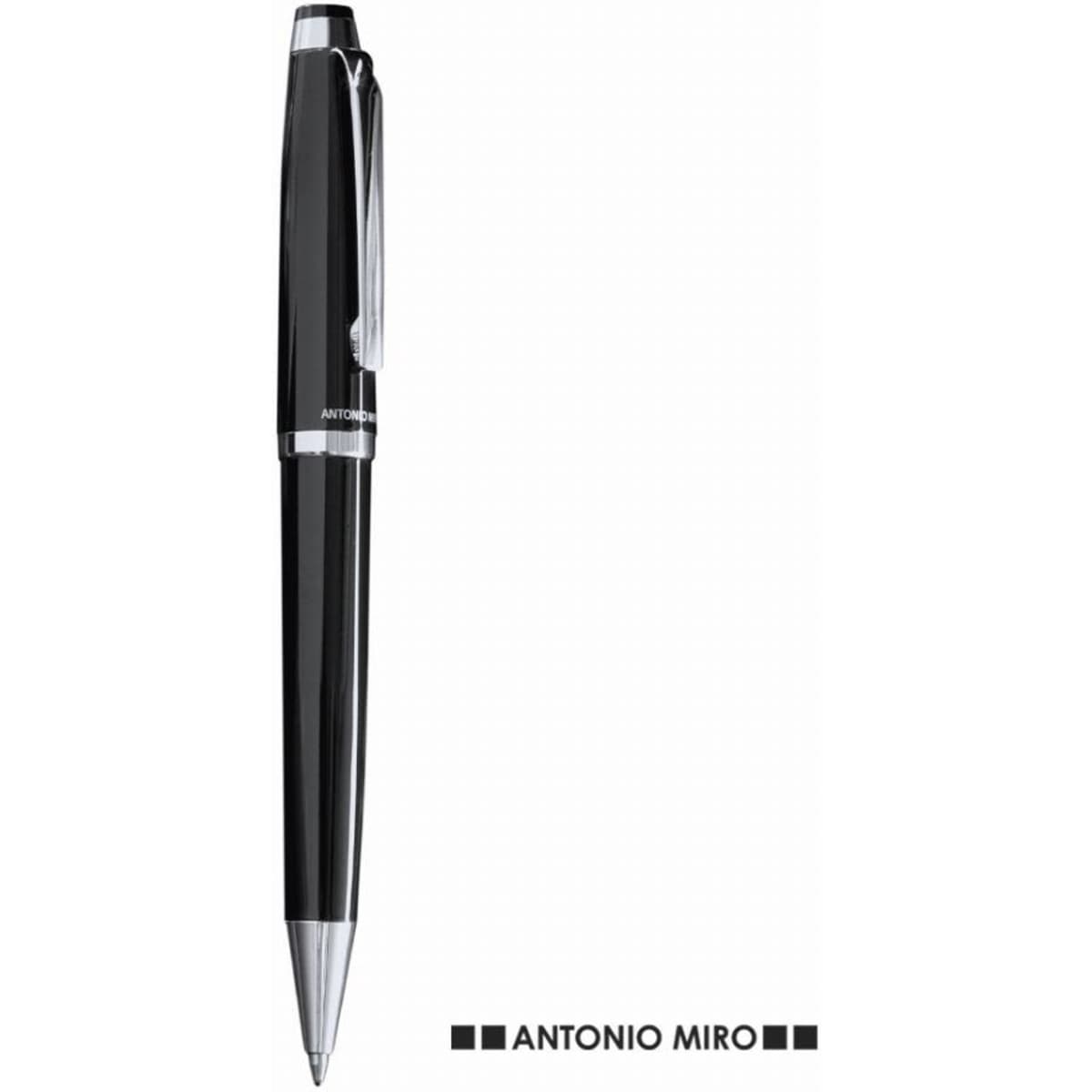 A black pen with a silver clip and tip, featuring a branding logo on the barrel.