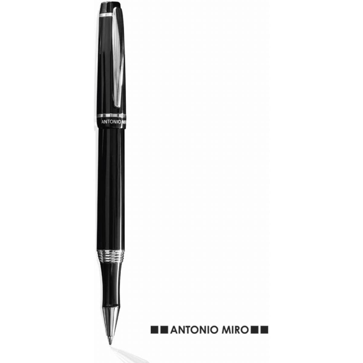 A pen with a sleek black design and metallic accents, featuring a logo.