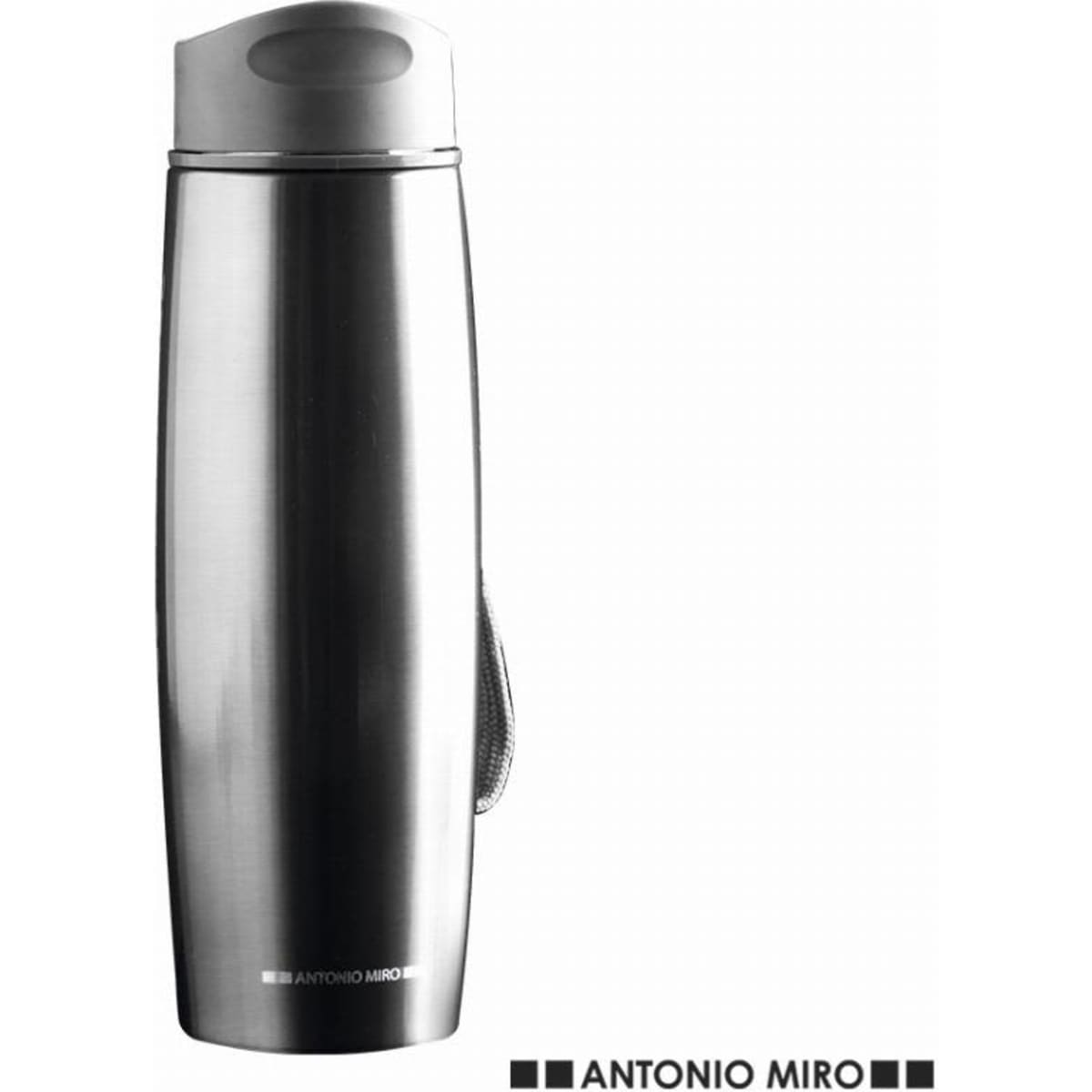 A drink bottle in silver stainless steel with a grey top and a strap, featuring a logo.