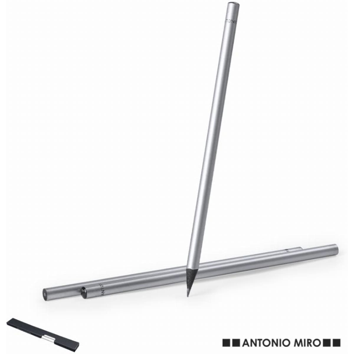 A sleek silver pen and its cap, with a minimalist design featuring a logo.