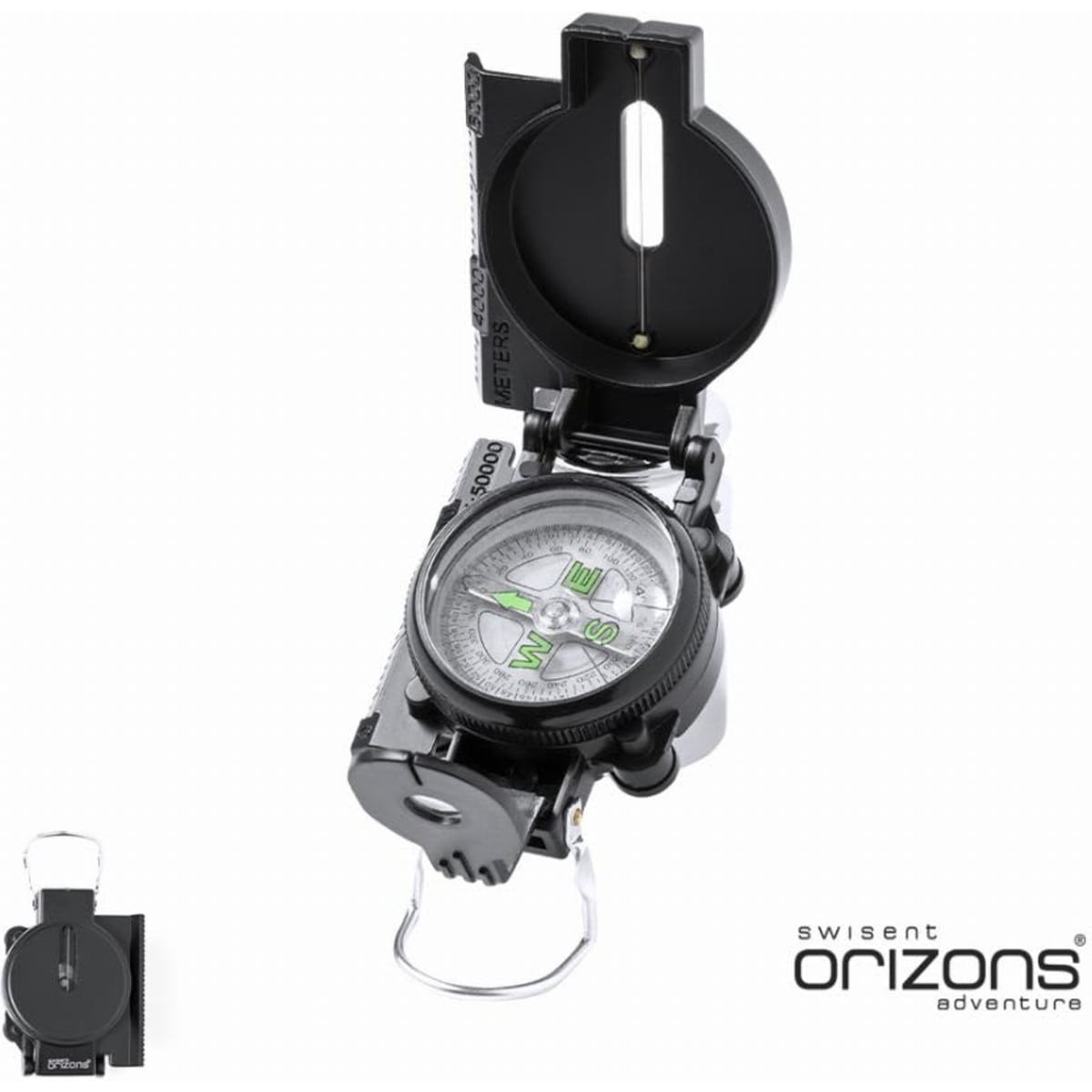 A compass with a black casing and a transparent cover, featuring a directional needle and a logo.