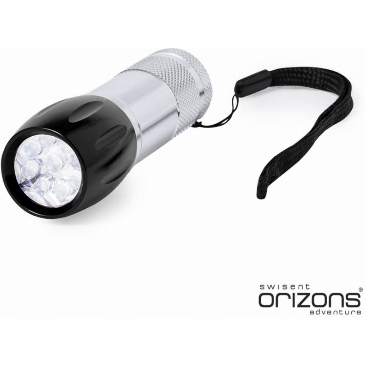 A torch with a black and silver design, featuring multiple bright LED lights and a wrist strap.
