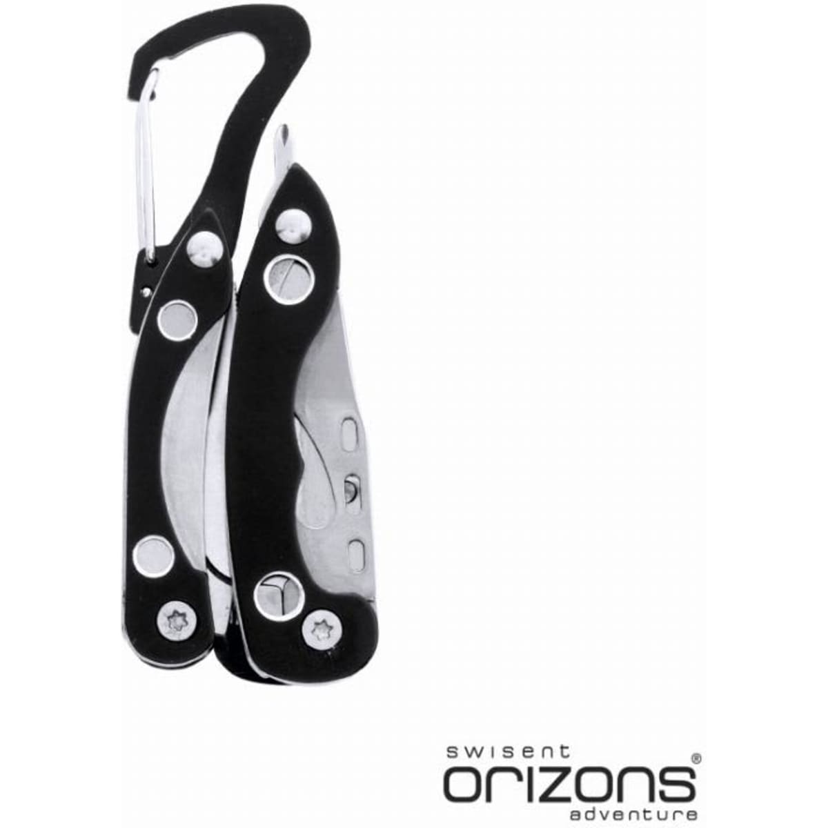 A multi-tool with a black handle and silver metallic accents, featuring a carabiner clip. It has a logo on the side.