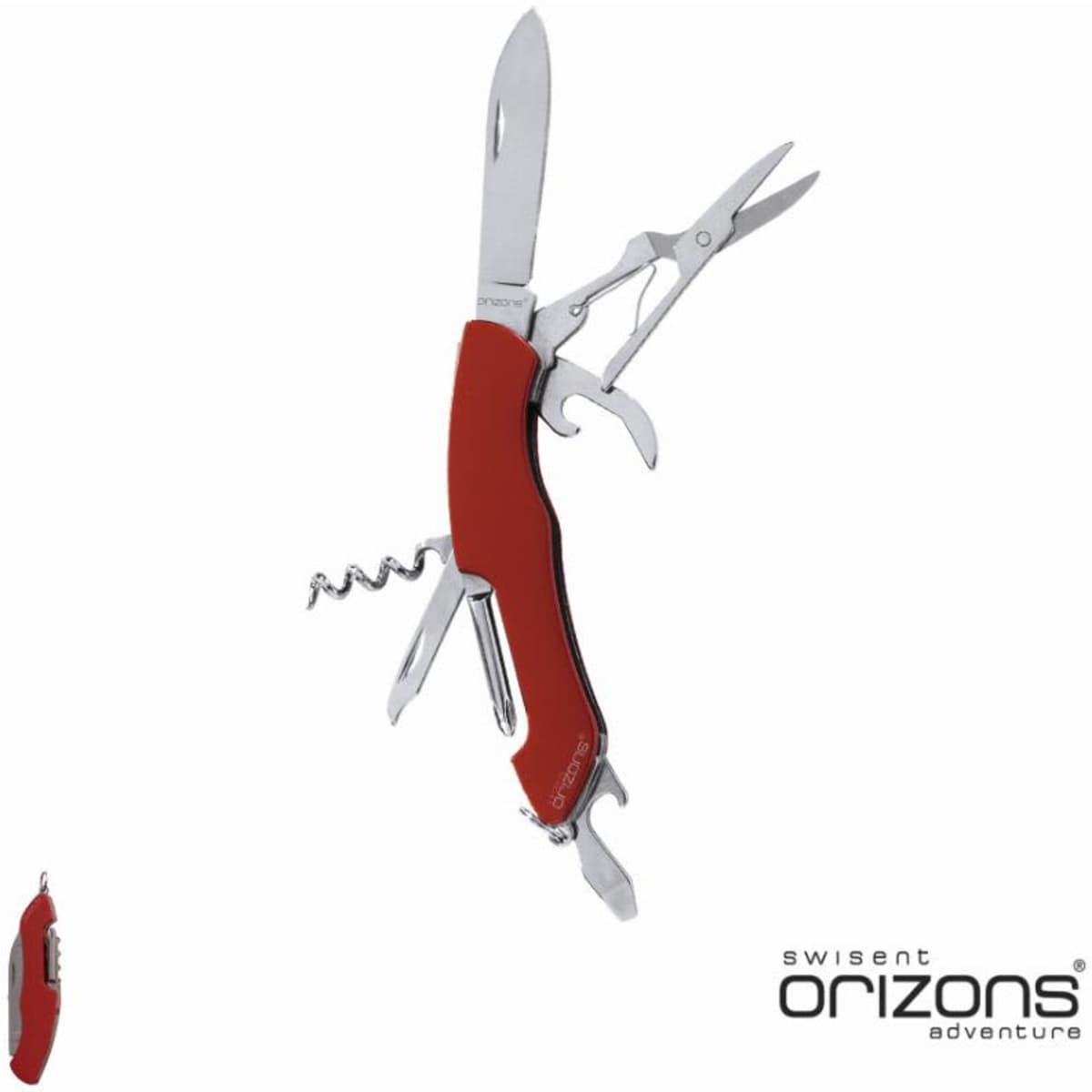 A multi-tool with a red handle features a knife, scissors, corkscrew, and other tools. It has a brand logo on it.