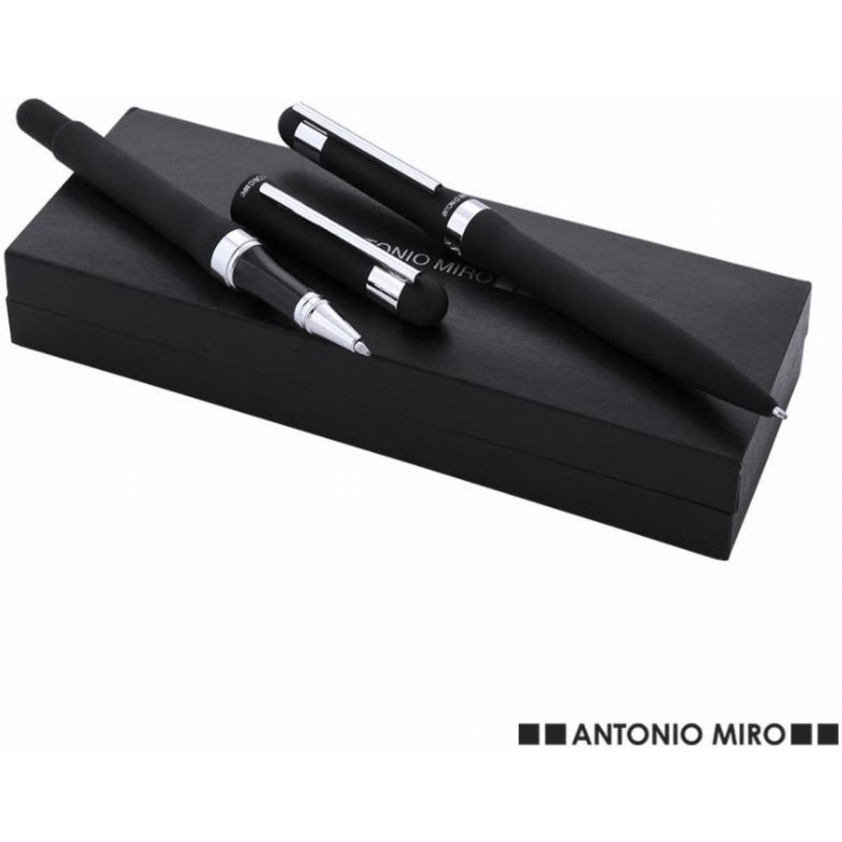 A black pen set including a rollerball pen and a ballpoint pen in a sleek black gift box, featuring a logo.