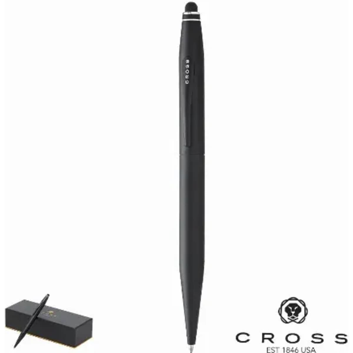 A black pen with a sleek design, featuring a stylus tip and a logo. Accompanied by a black box.