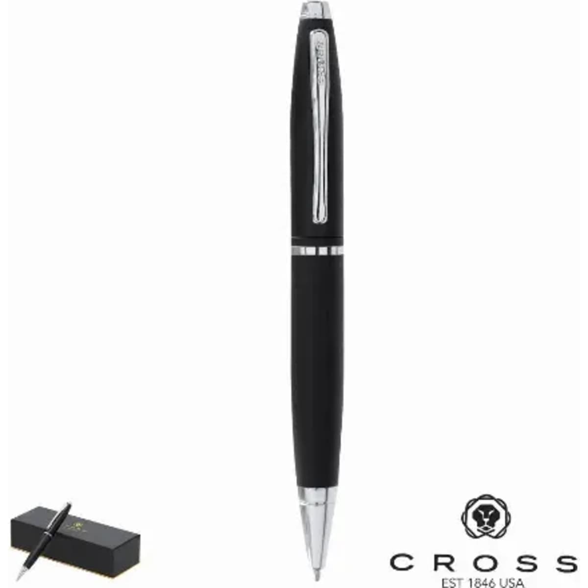 A black pen with silver accents, accompanied by a presentation box, featuring a logo.