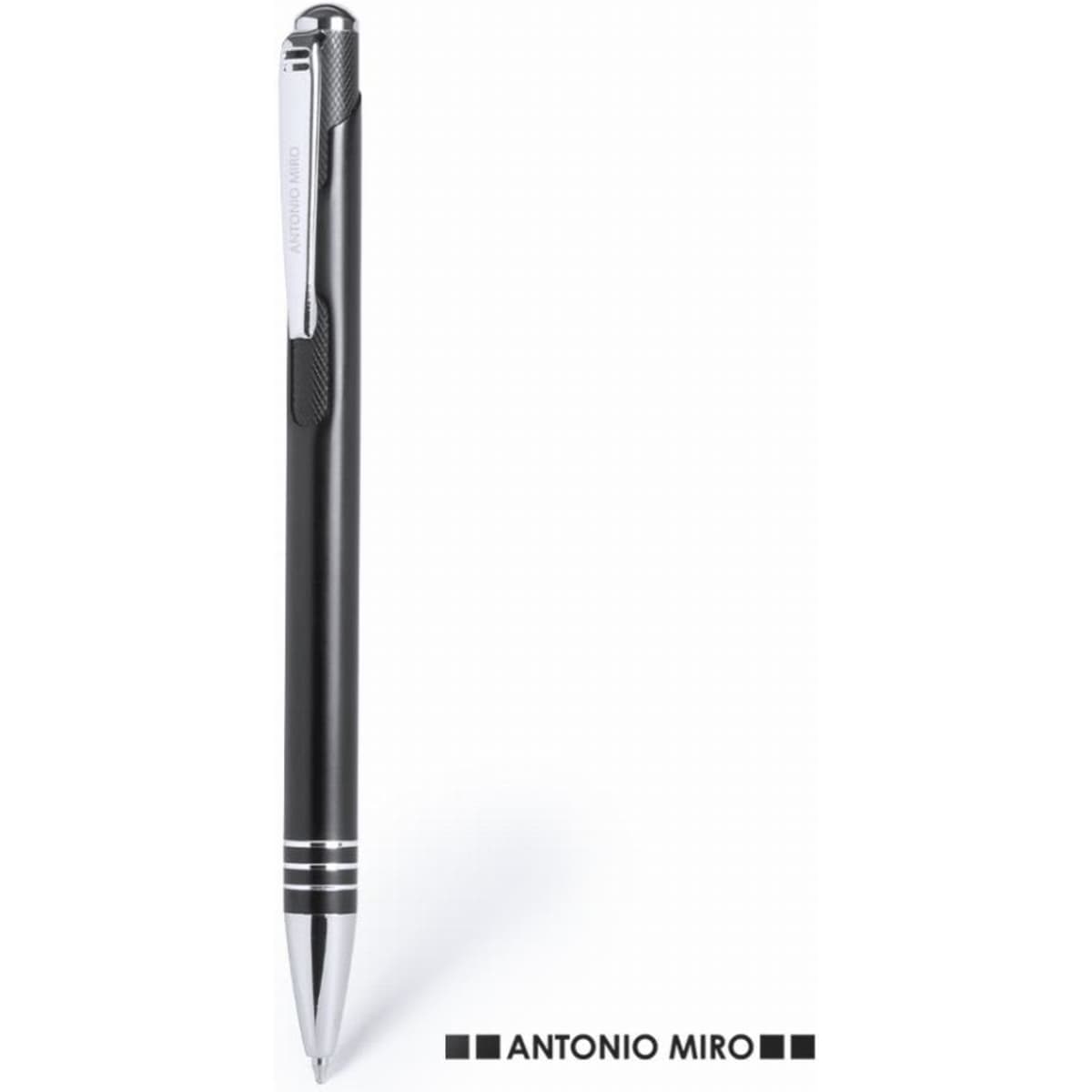 A black pen with a sleek design and chrome accents, featuring a logo at the base.