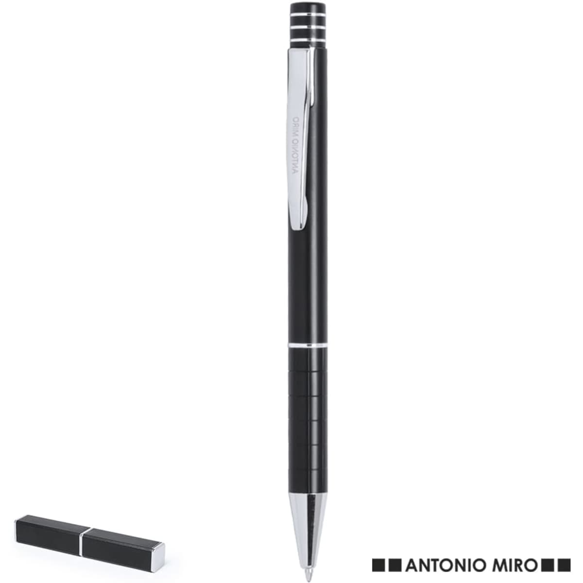 A black pen with silver accents and a clip featuring a branding logo, alongside a small black box.