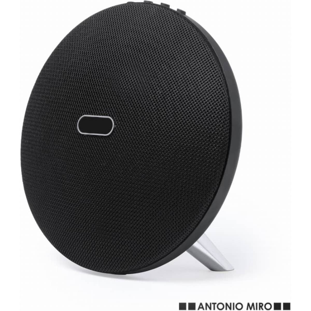 A round black speaker with a textured surface and a silver stand, featuring a logo on the front.