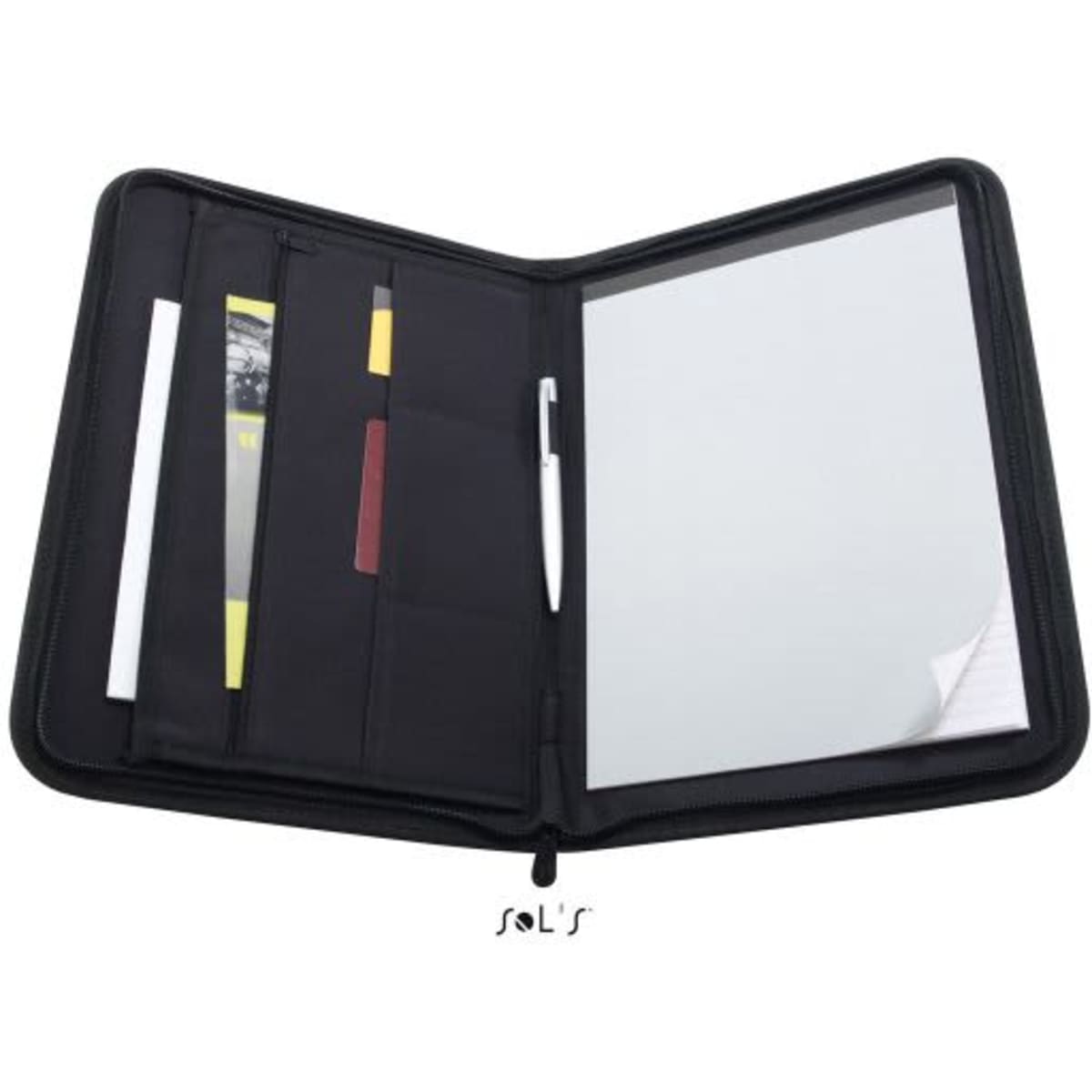 A black zipped conference folder with internal pockets and a notepad. Includes space for a pen and documents.