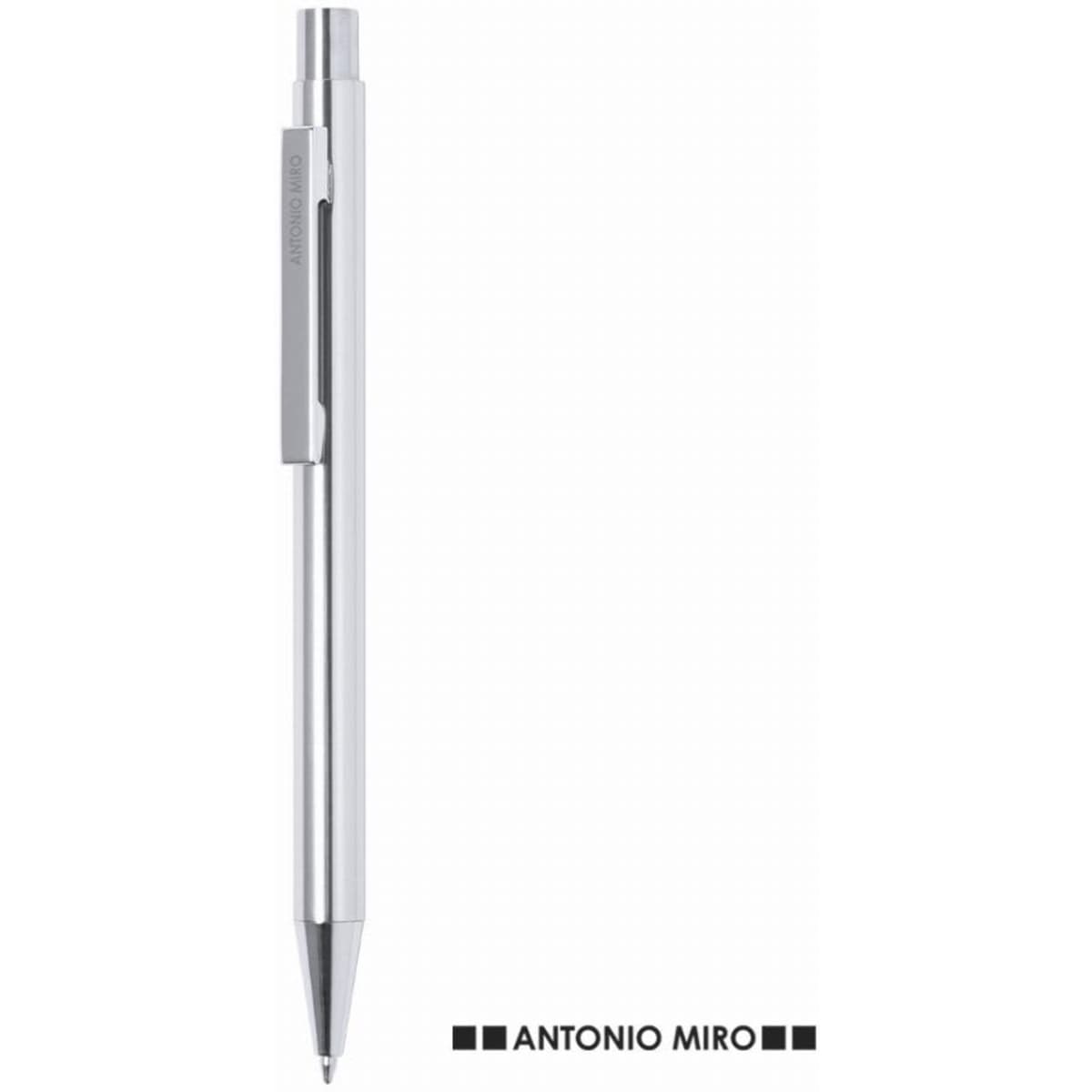 A silver pen with a sleek design and a clip, featuring a brand logo at the bottom.