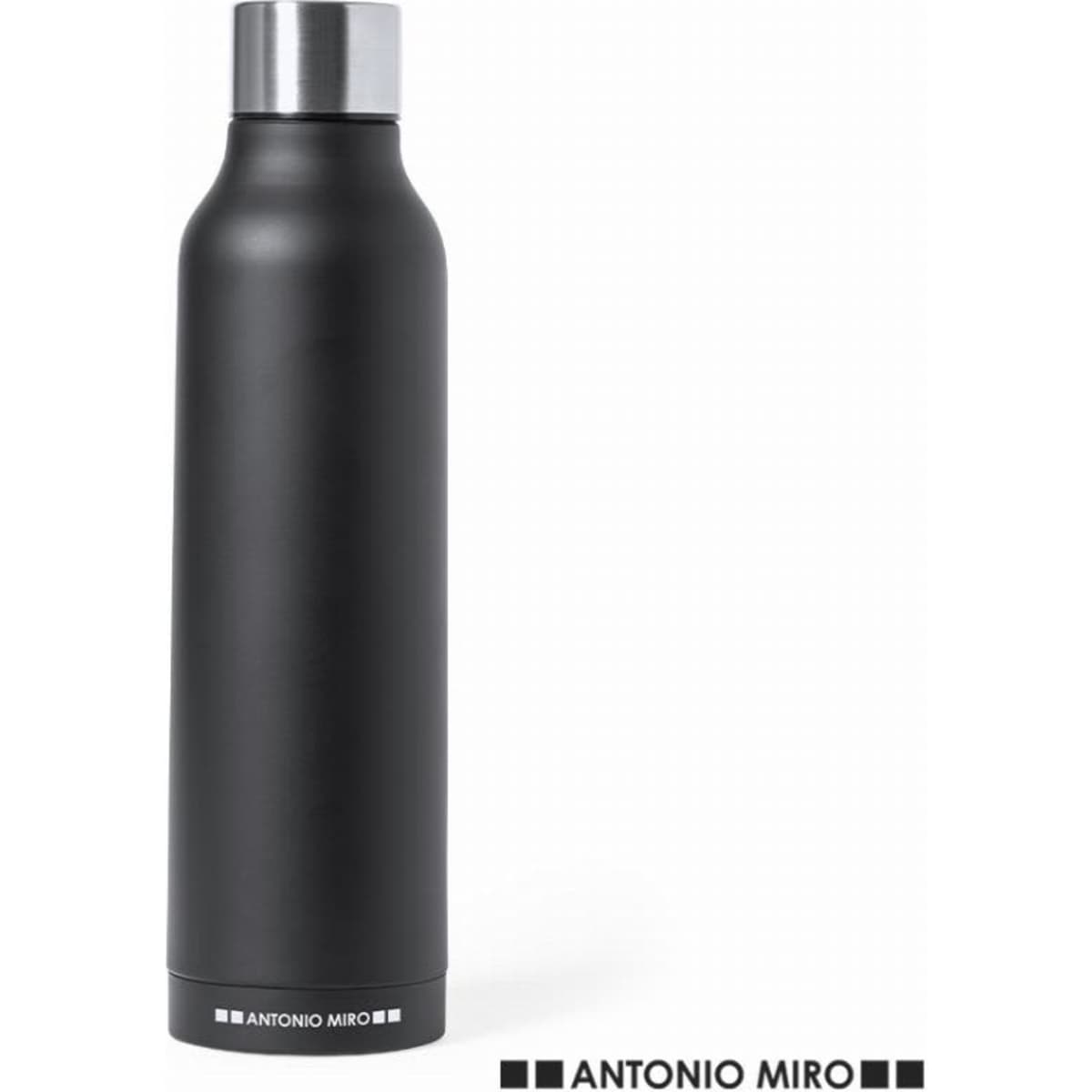 A drink bottle in matte black with a silver cap and a branding logo on the base.