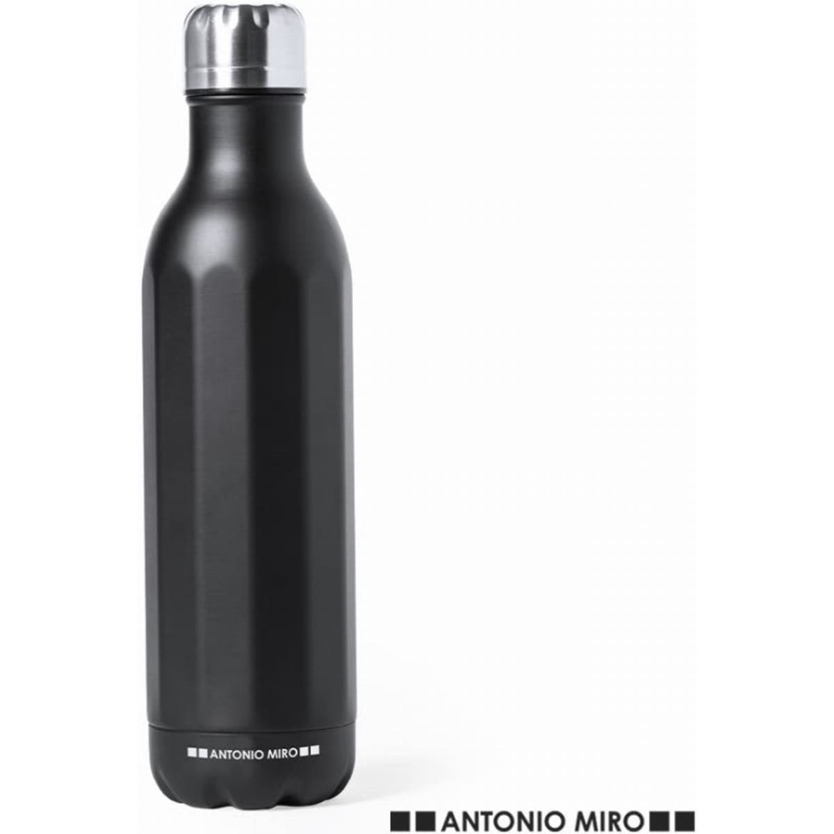 A black drink bottle with a sleek design and a metallic cap, featuring a logo on the bottom.