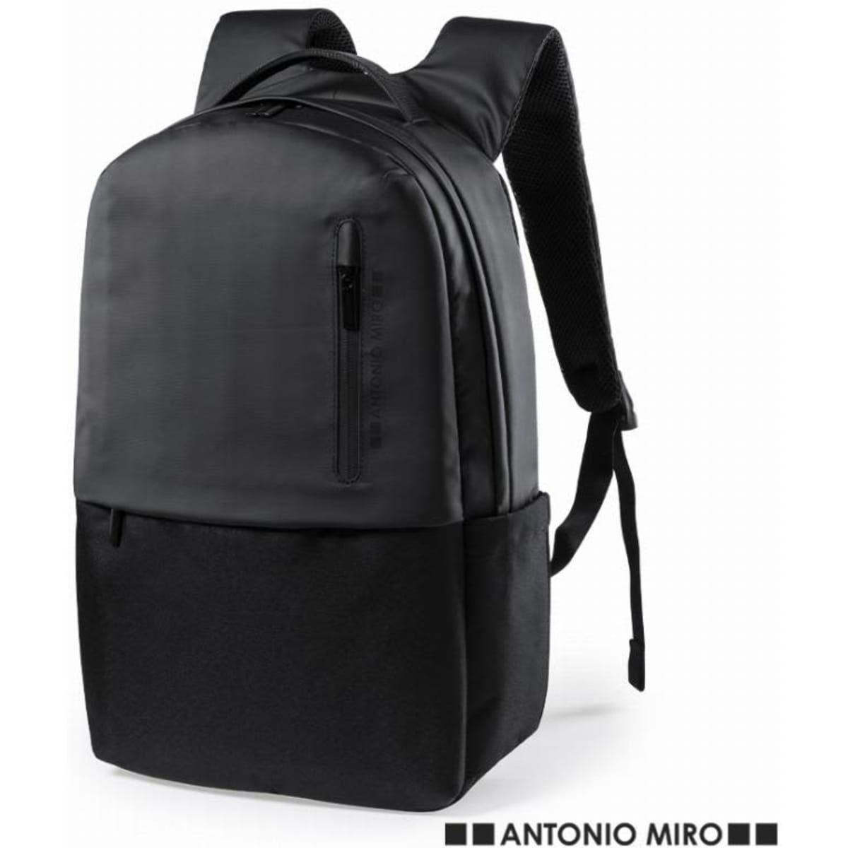 A black backpack with padded straps and a zippered pocket, featuring a logo on the front.