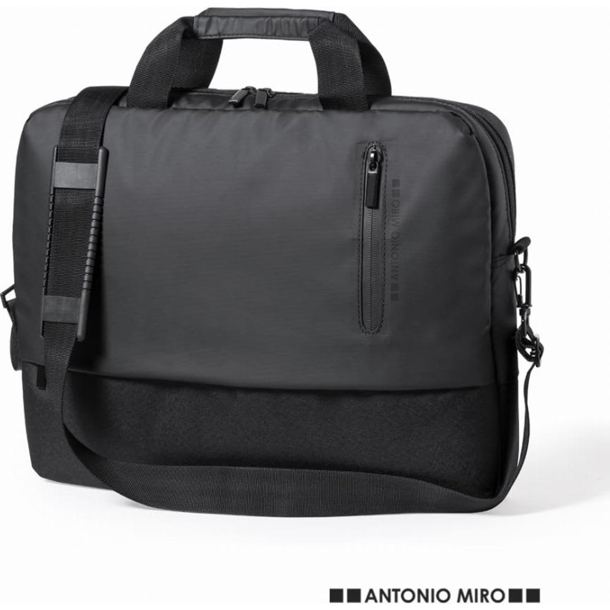 A black laptop bag with a handle, removable shoulder strap, and zippered pockets. It has a logo on the front.