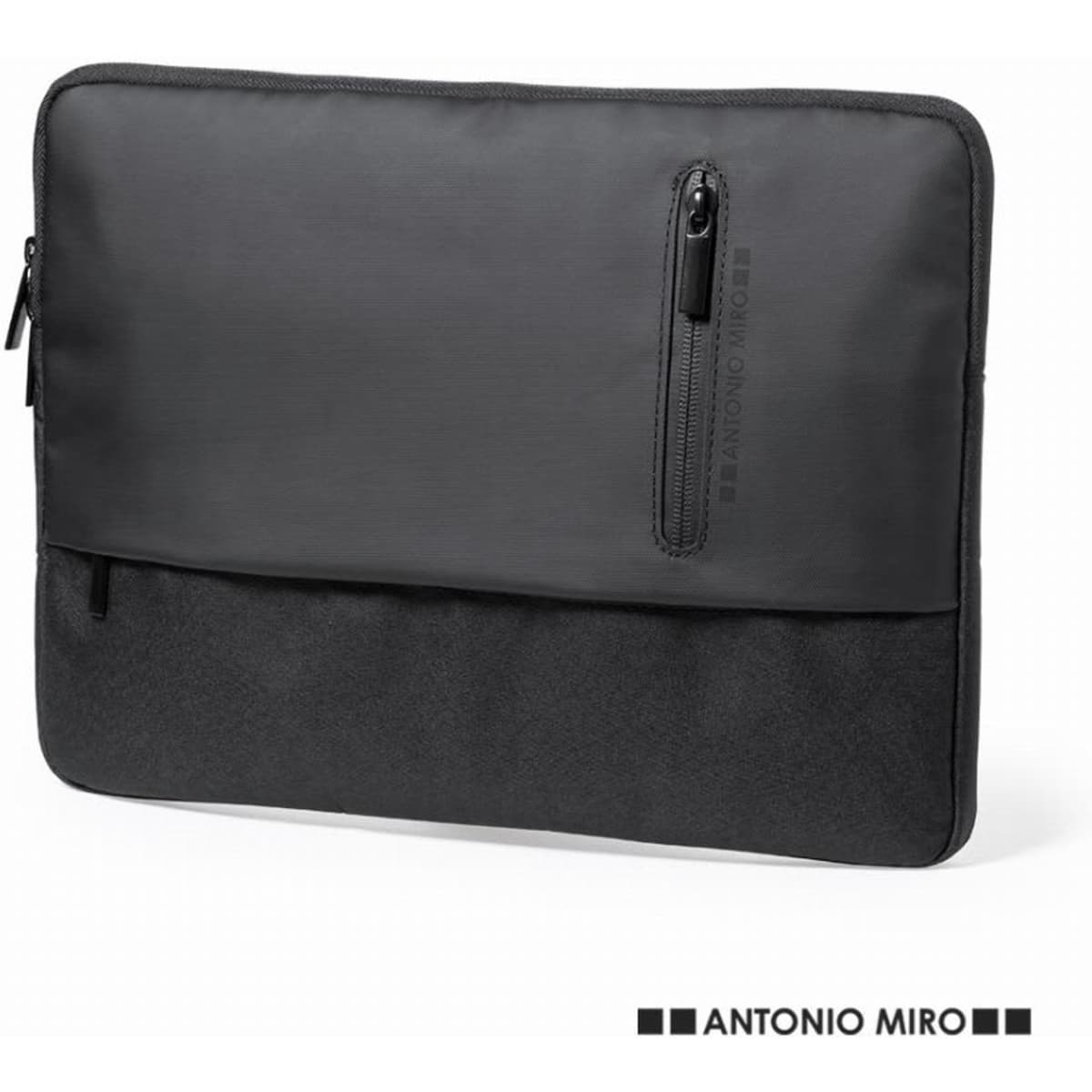 A black laptop sleeve featuring a zip pocket and a subtle logo. It has a sleek, minimalist design.