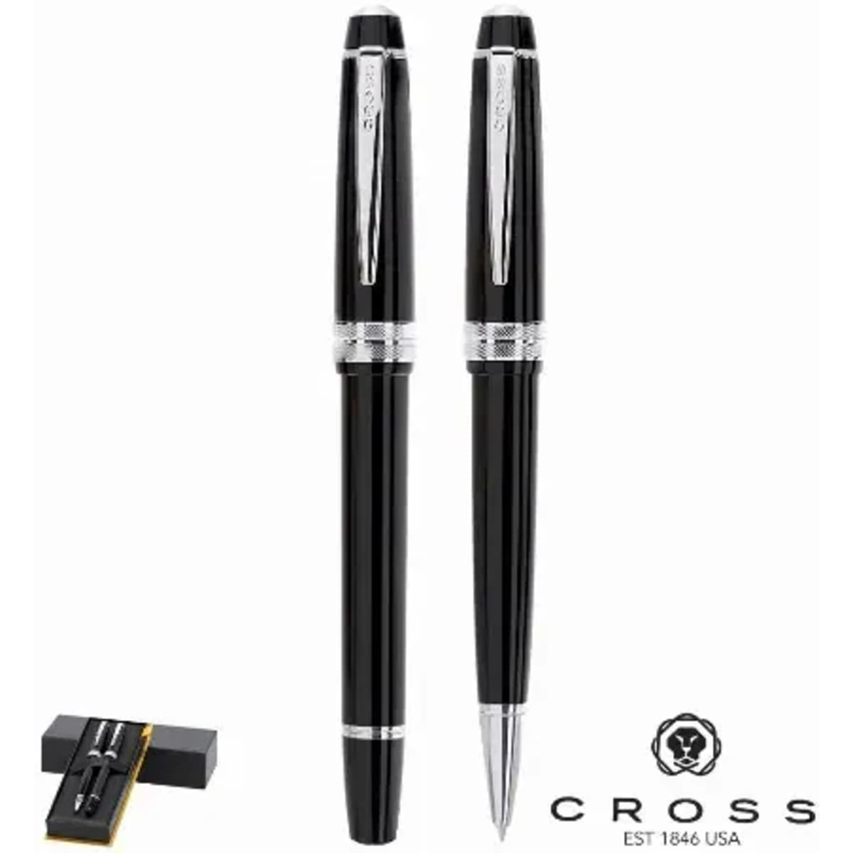 A set of black pens featuring a shiny silver trim and a logo at the bottom left.