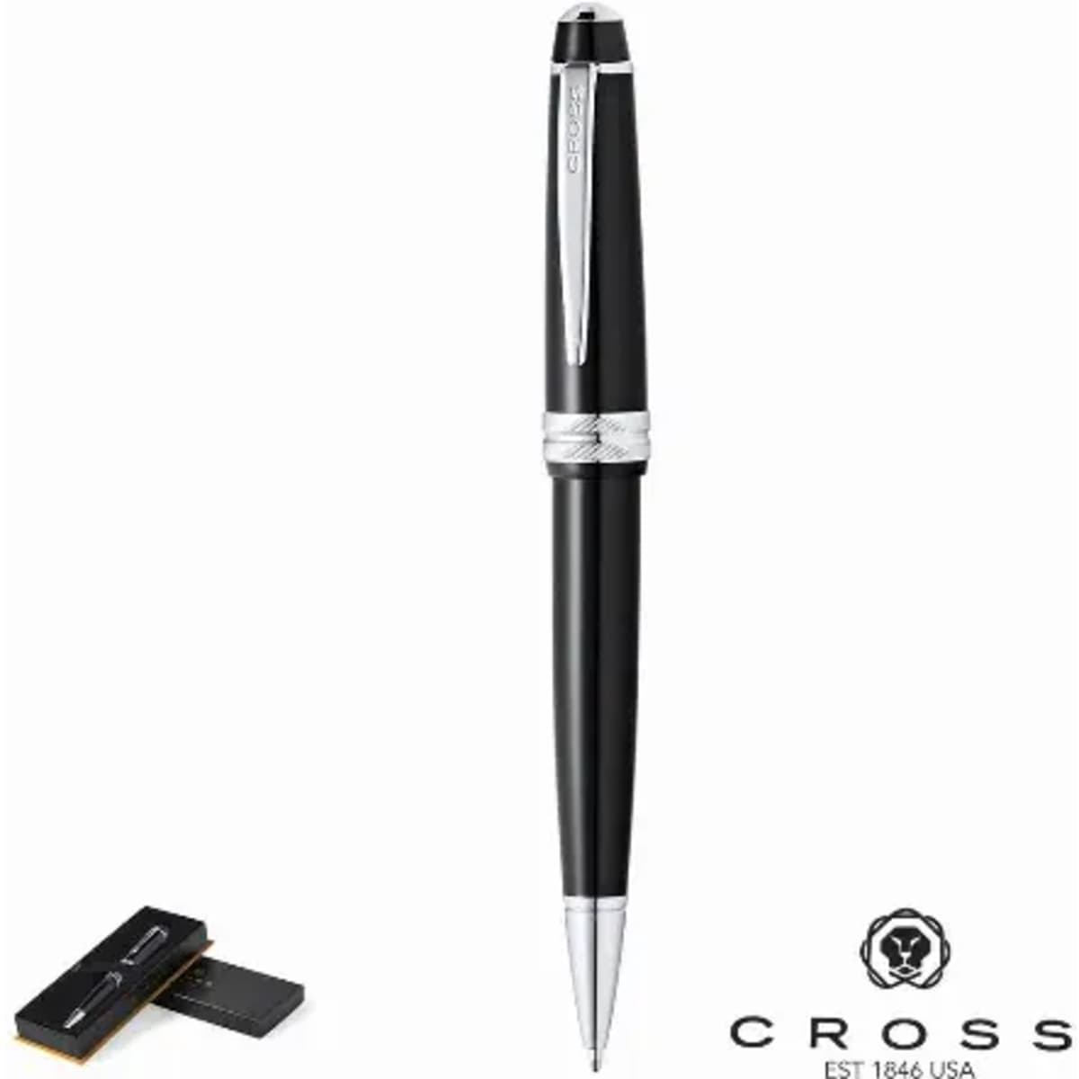 A pen with a black body and silver accents, accompanied by a small black box. It features a logo on the pen.