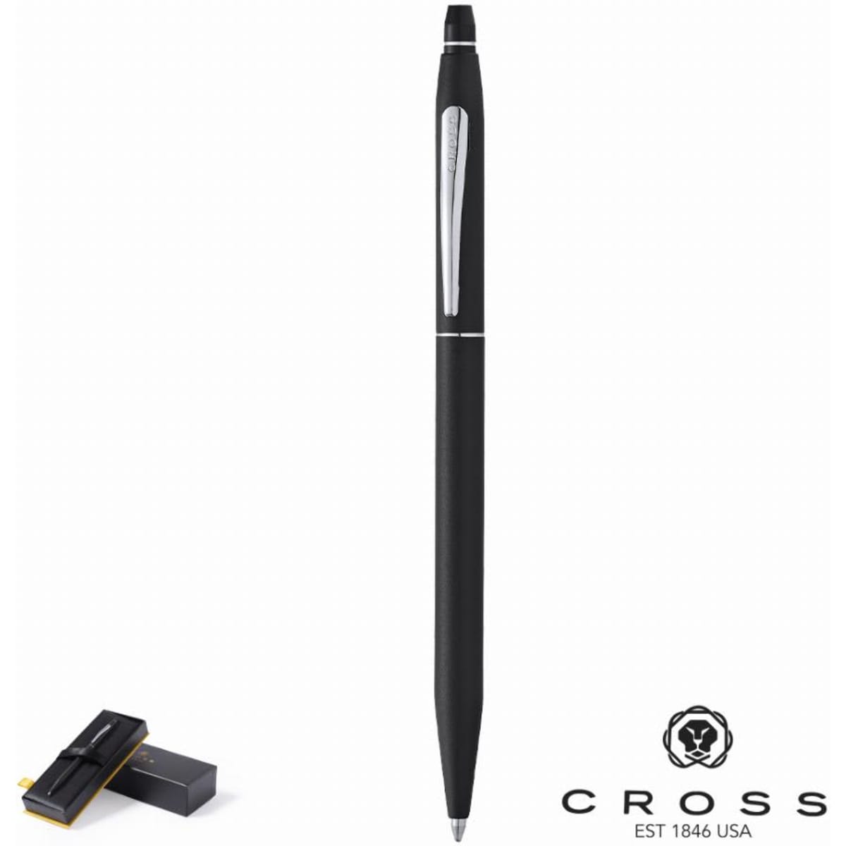 A black pen with a silver clip, accompanied by a black and gold box. The pen features a logo.