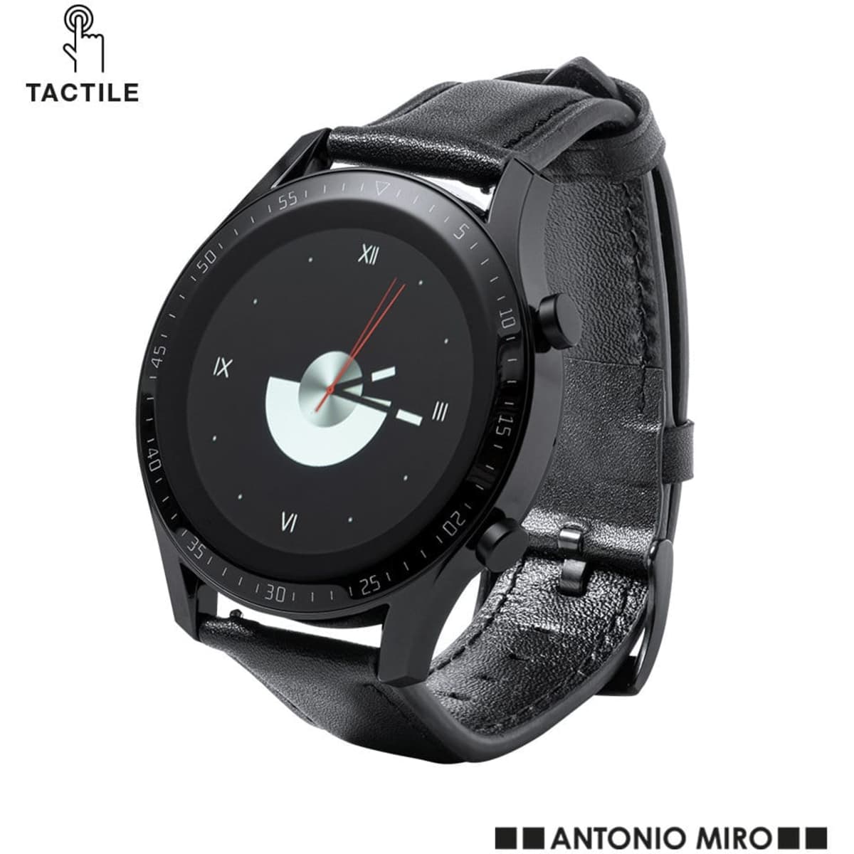 A sleek black wristwatch with a leather strap and a minimalist round face displaying a modern design.