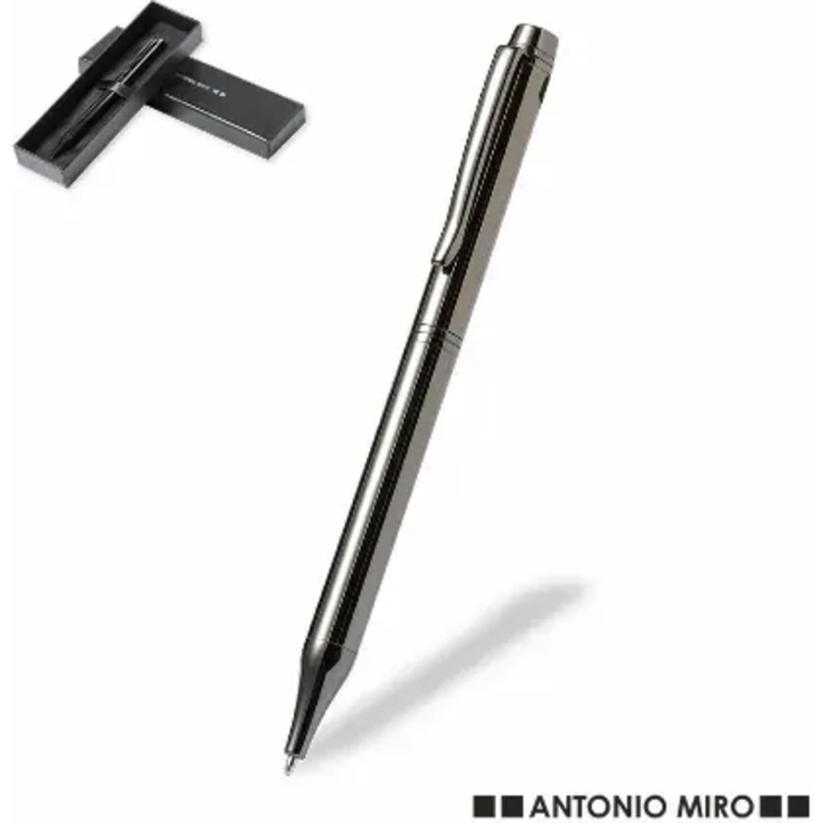 A pen in black with a sleek design, displayed alongside its packaging featuring a logo.