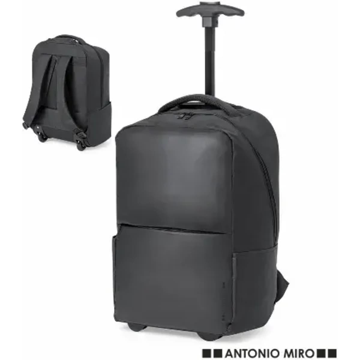 A black rolling backpack with adjustable straps and a retractable handle, featuring multiple compartments.