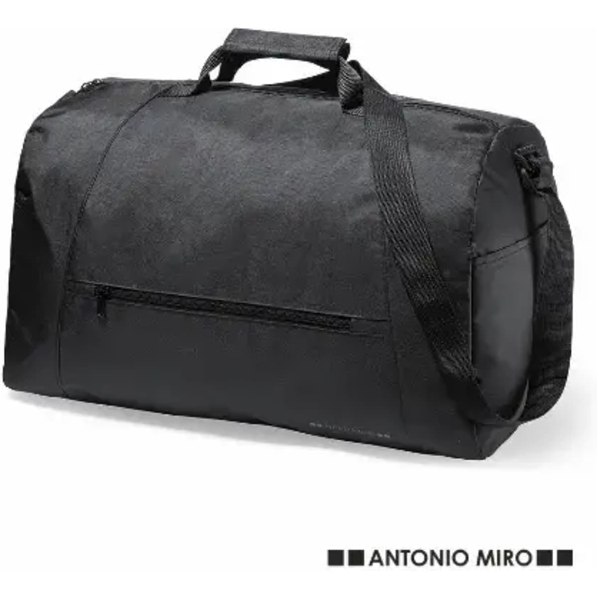 A black duffel bag with a handle and shoulder strap, featuring a zippered pocket on the front and a logo.
