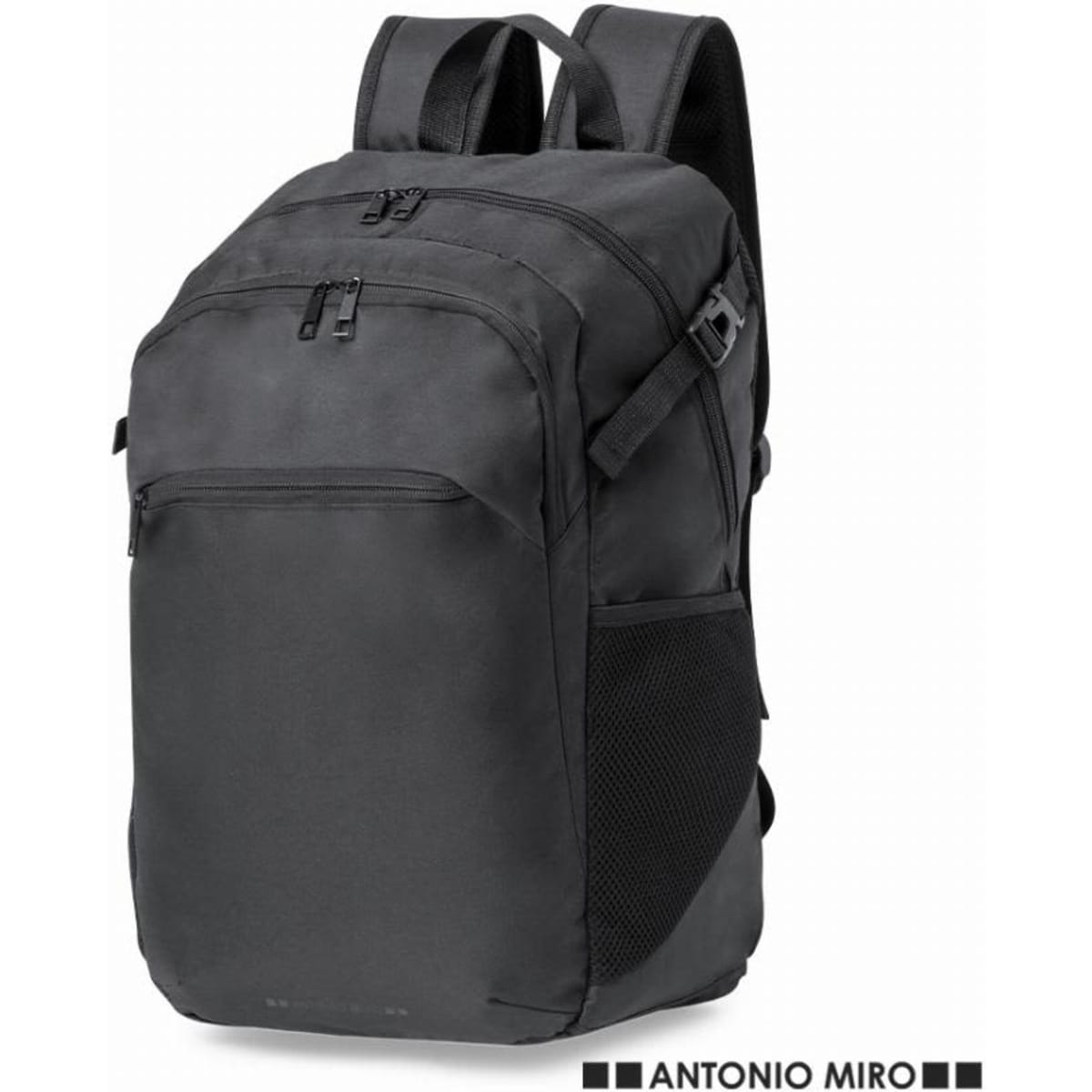 A black backpack with multiple compartments and adjustable straps, featuring a mesh pocket on the side and a logo.